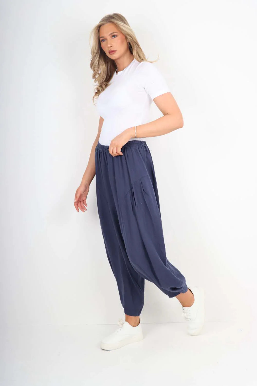 Italian Plain Linen Hareem Pants - Denim Blue