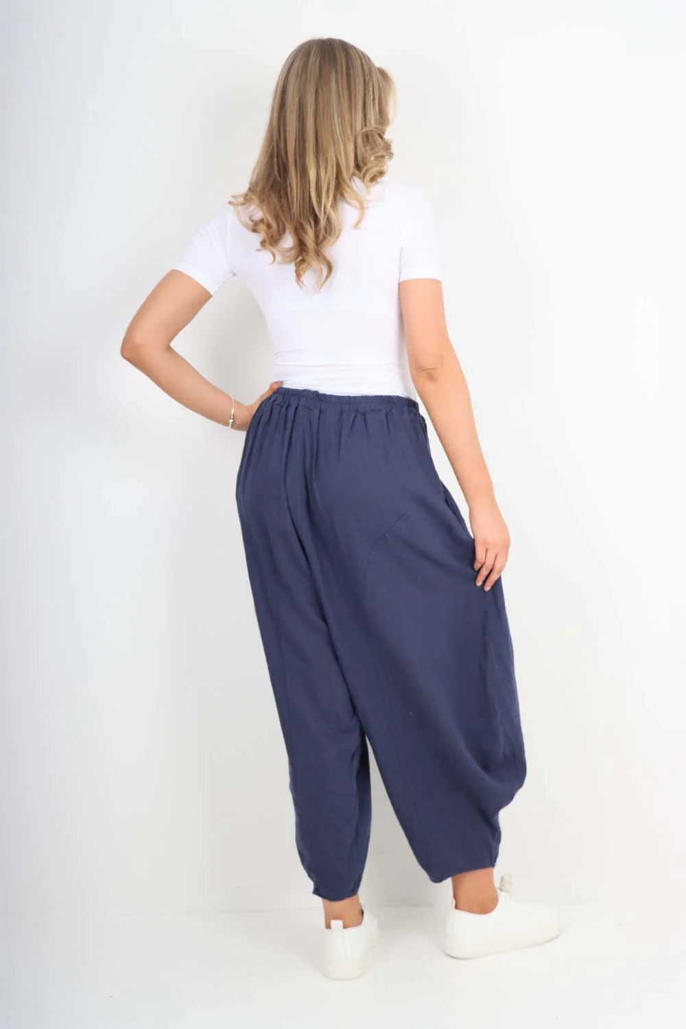 Italian Plain Linen Hareem Pants - Denim Blue