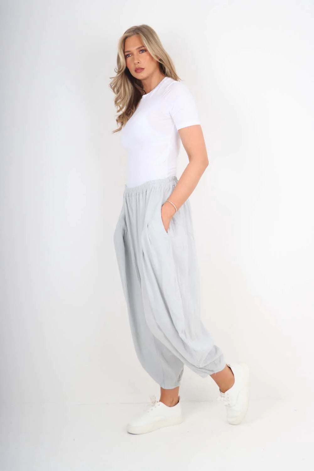 Italian Plain Linen Hareem Pants - Grey