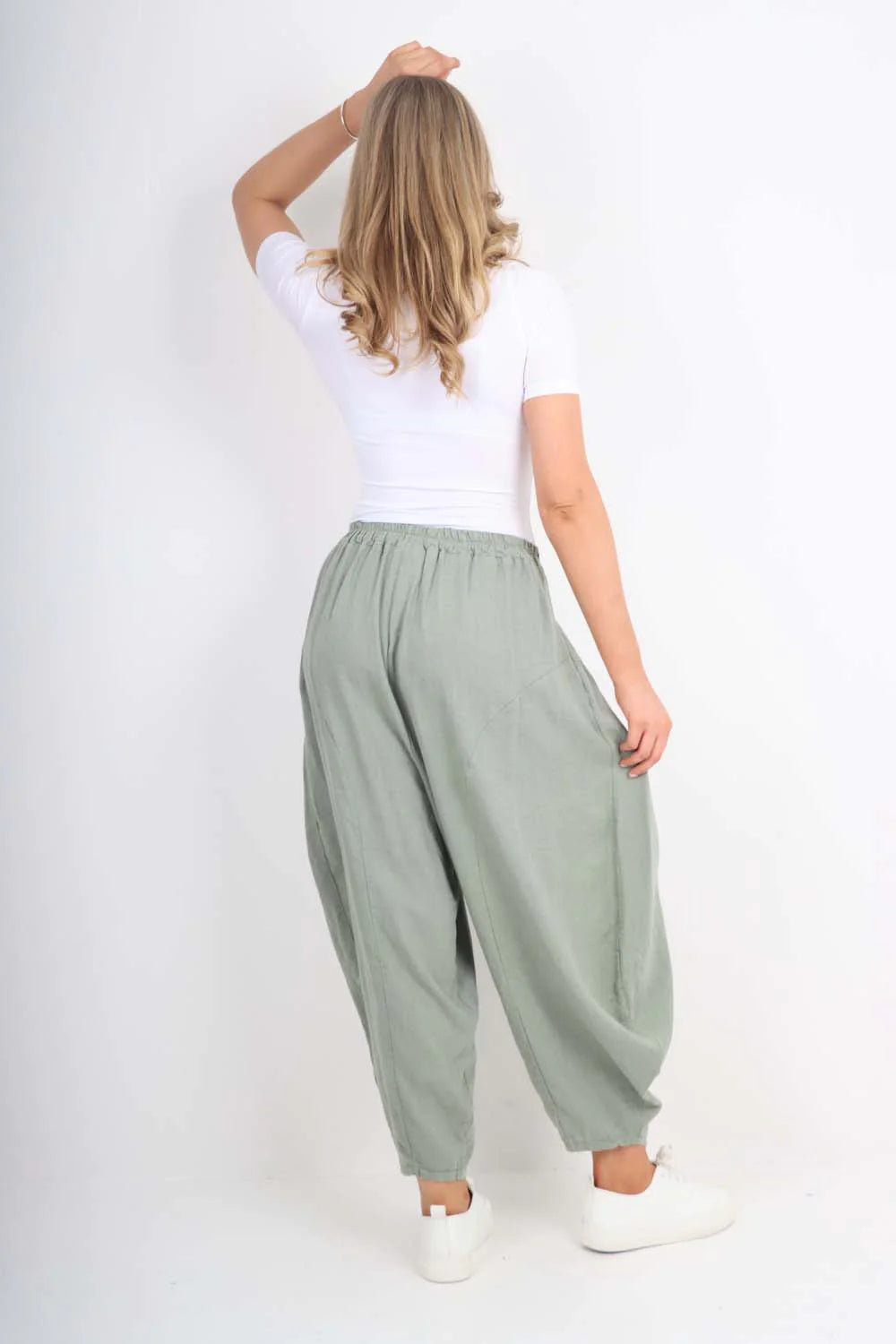 Italian Plain Linen Hareem Pants - Khaki