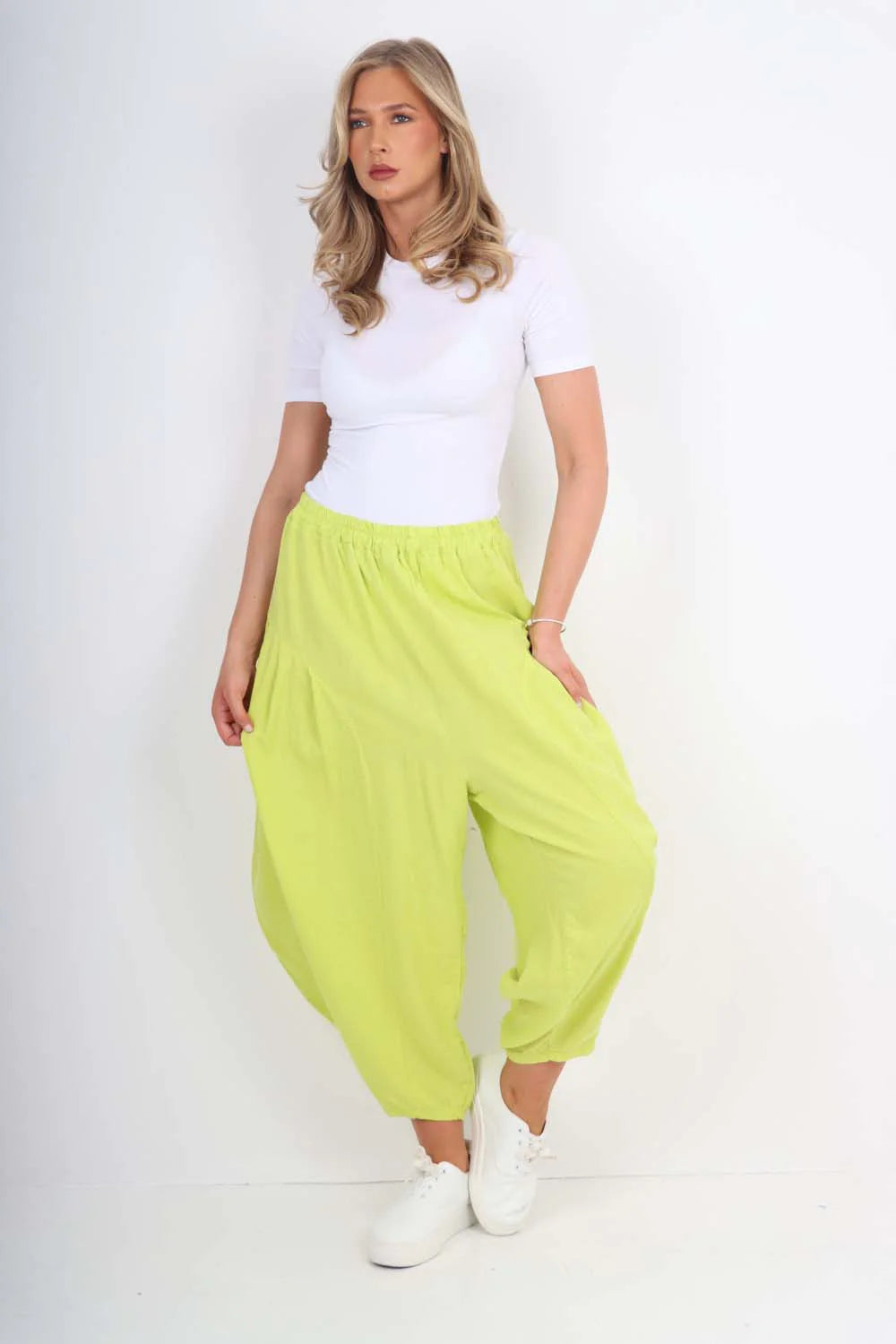 Italian Plain Linen Hareem Pants - Lime Green