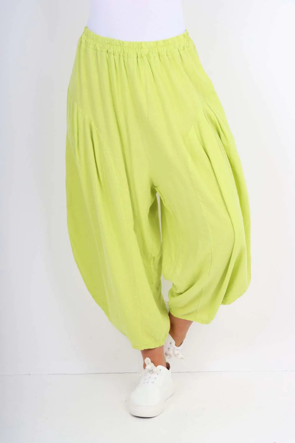 Italian Plain Linen Hareem Pants - Lime Green