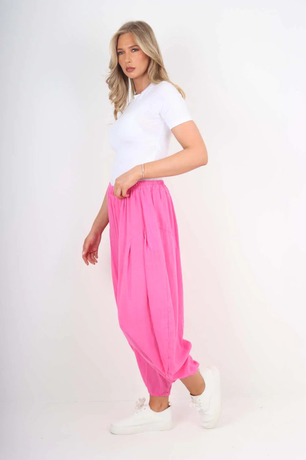 Italian Plain Linen Hareem Pants - Pink