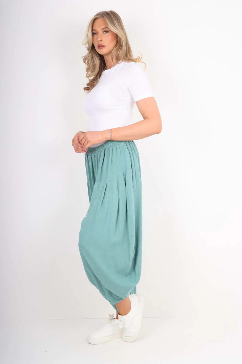 Italian Plain Linen Hareem Pants - Sea Green