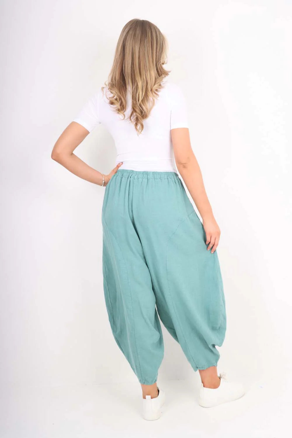 Italian Plain Linen Hareem Pants - Sea Green