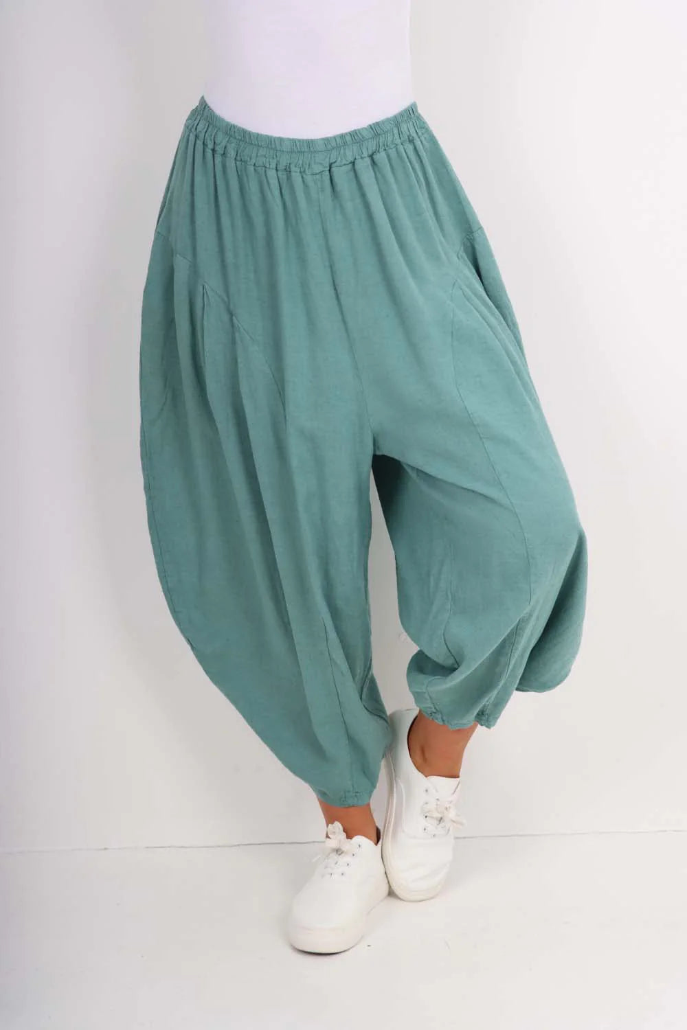 Italian Plain Linen Hareem Pants - Sea Green