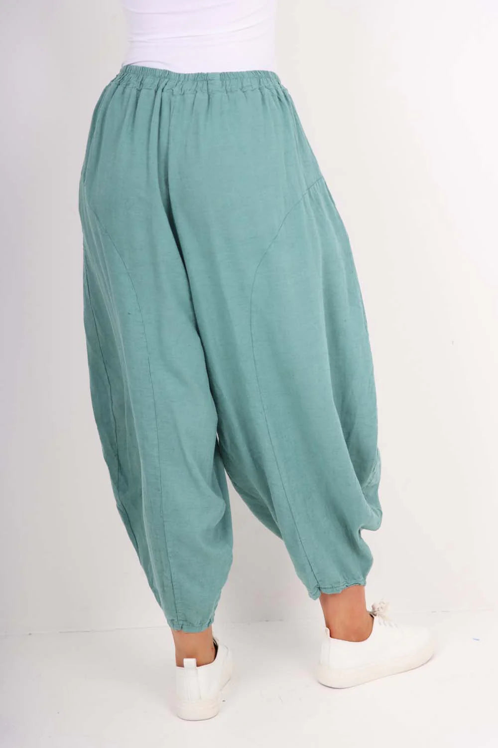 Italian Plain Linen Hareem Pants - Sea Green