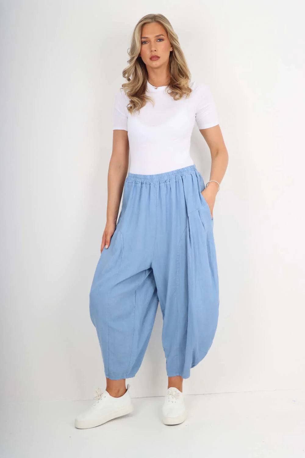 Italian Plain Linen Hareem Pants - Sky Blue