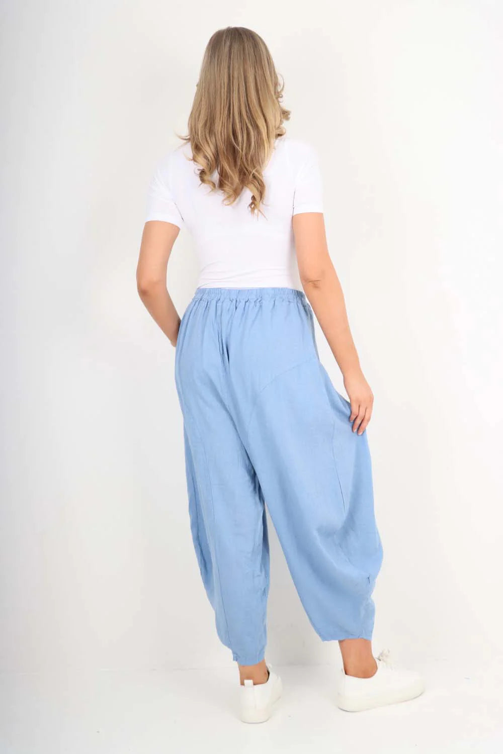 Italian Plain Linen Hareem Pants - Sky Blue