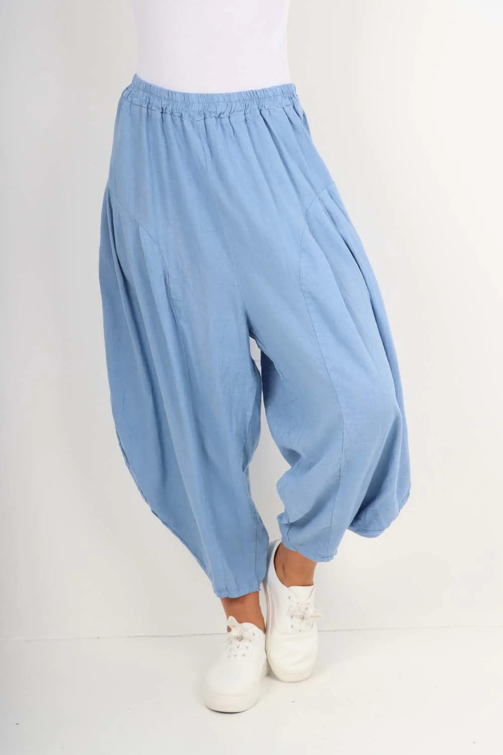 Italian Plain Linen Hareem Pants - Sky Blue