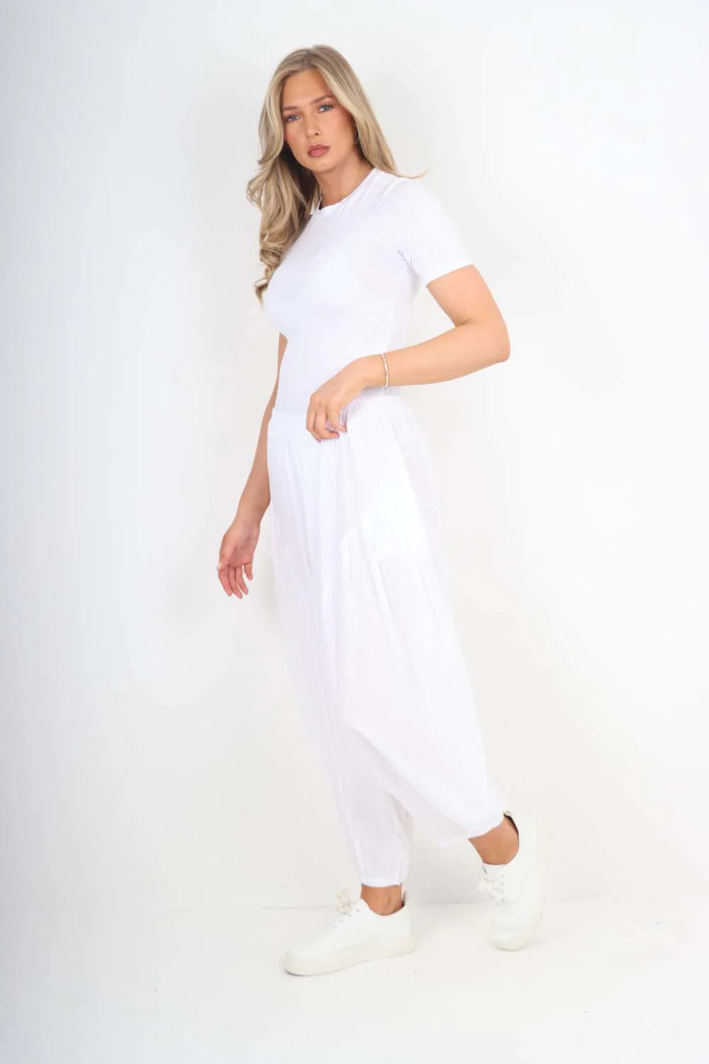 Italian Plain Linen Hareem Pants - White