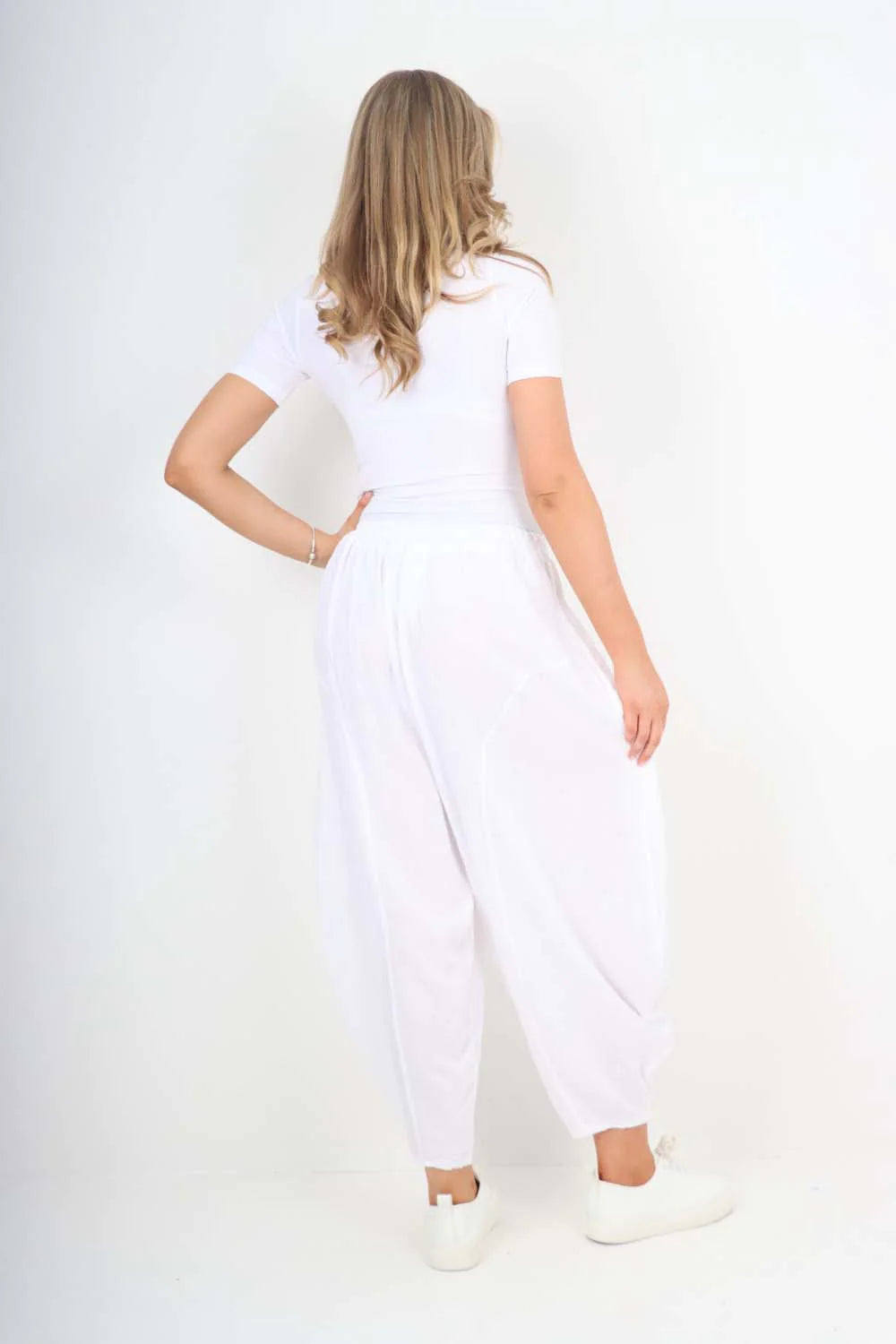 Italian Plain Linen Hareem Pants - White