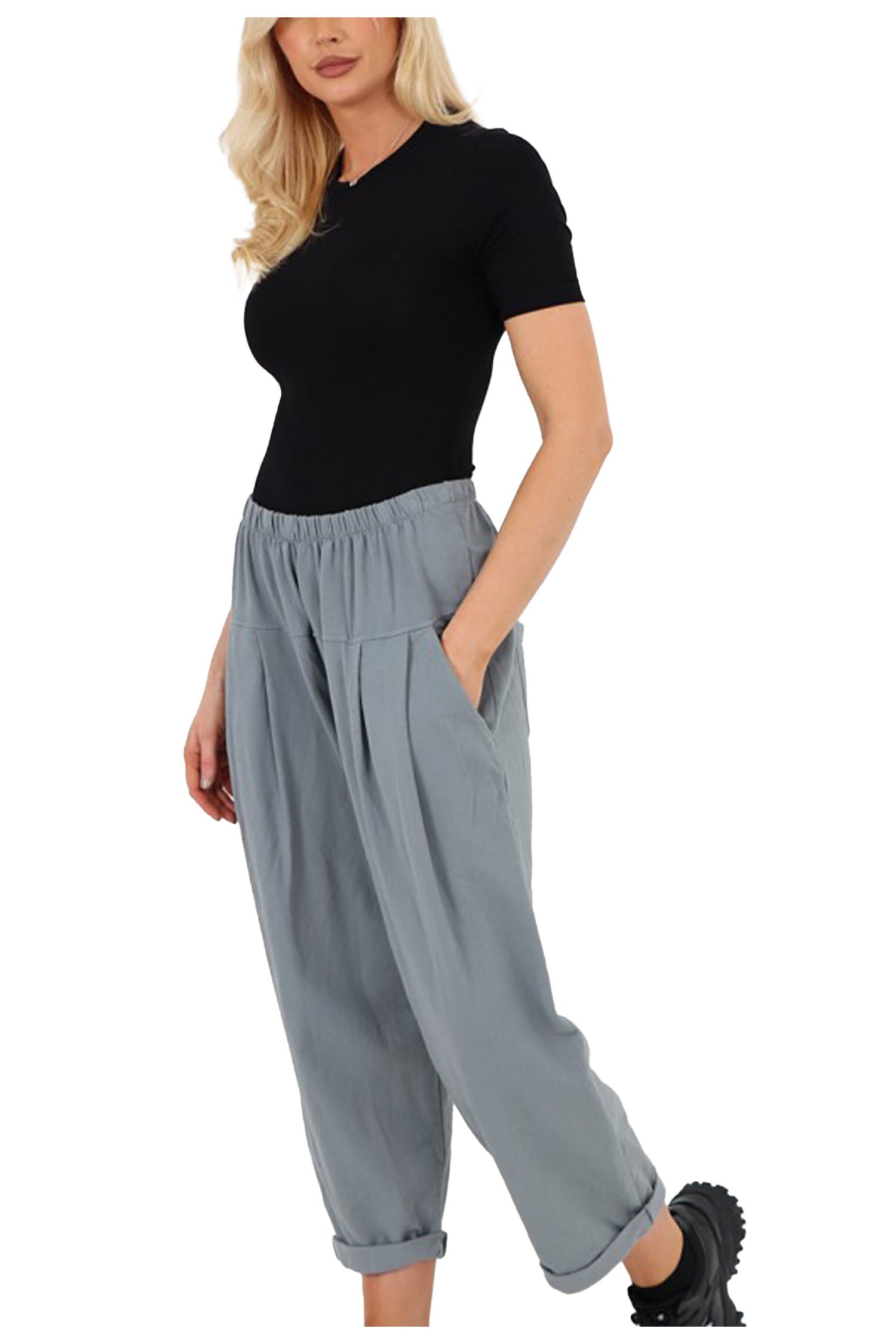 Italian Pleated Back Pockets Detail Cotton Trousers - Grey