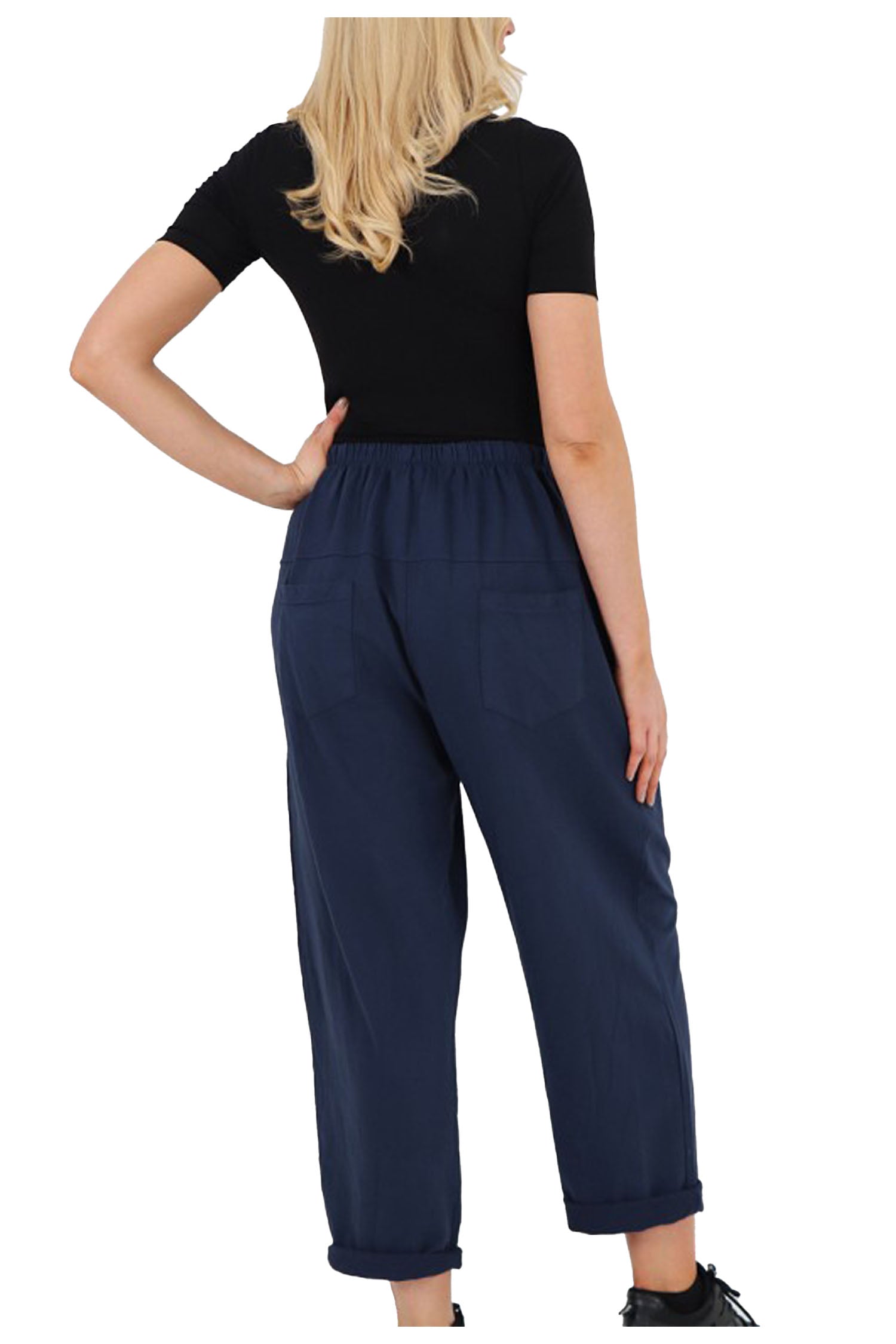 Italian Pleated Back Pockets Detail Cotton Trousers - Navy