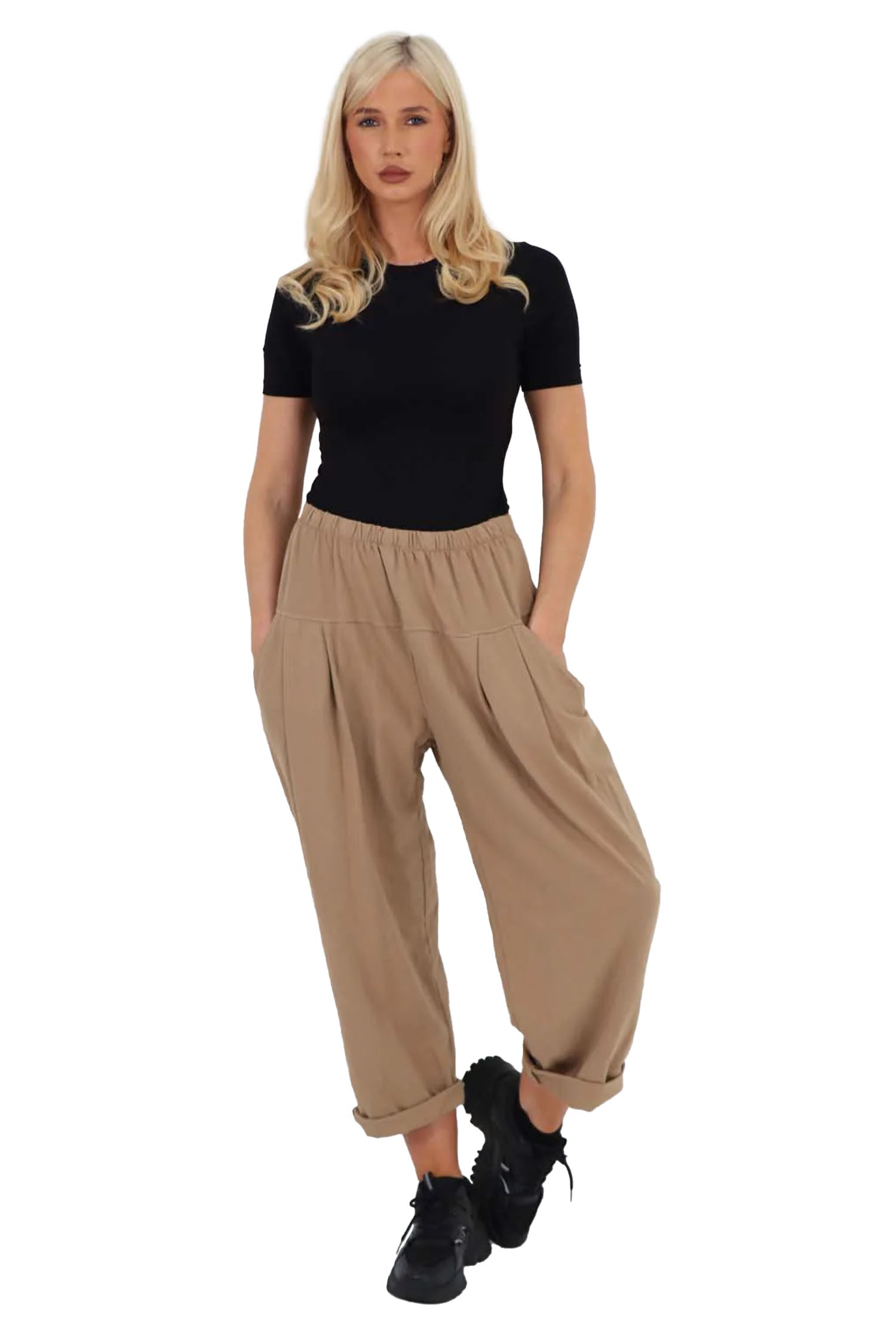 Italian Pleated Cotton Trousers With Side Pockets - Beige