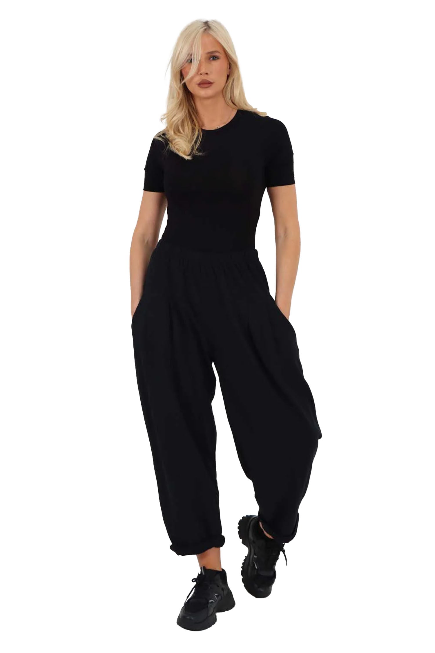 Italian Pleated Cotton Trousers With Side Pockets - Black