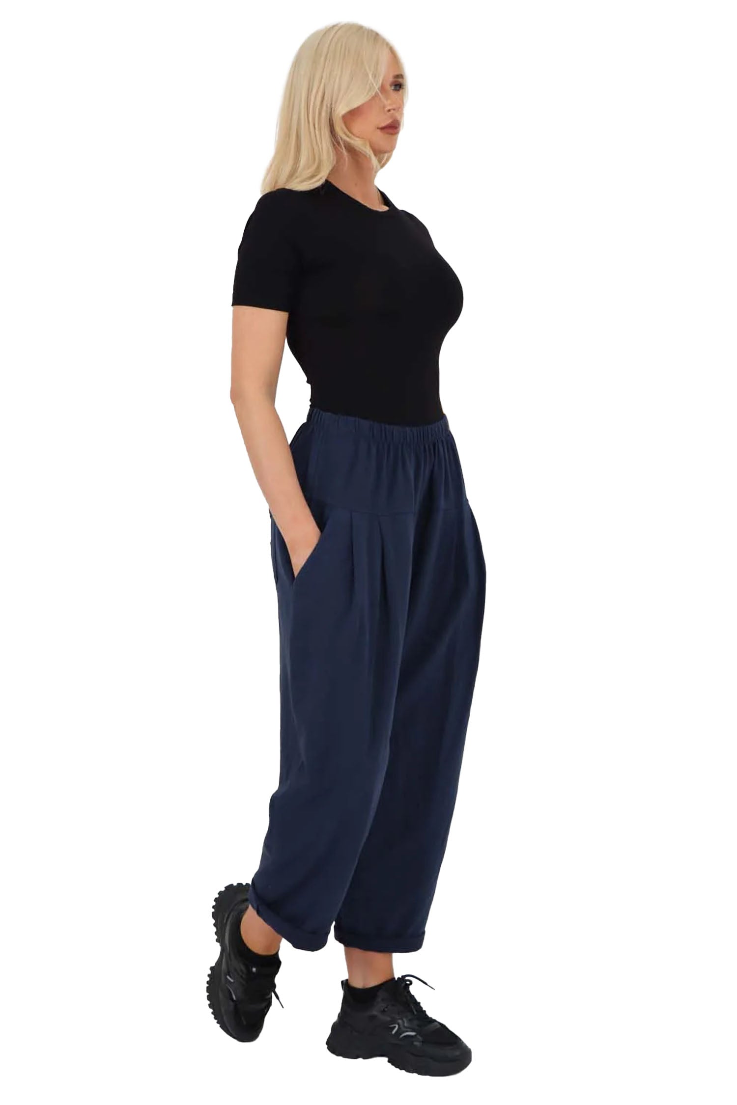 Italian Pleated Cotton Trousers With Side Pockets - Blue