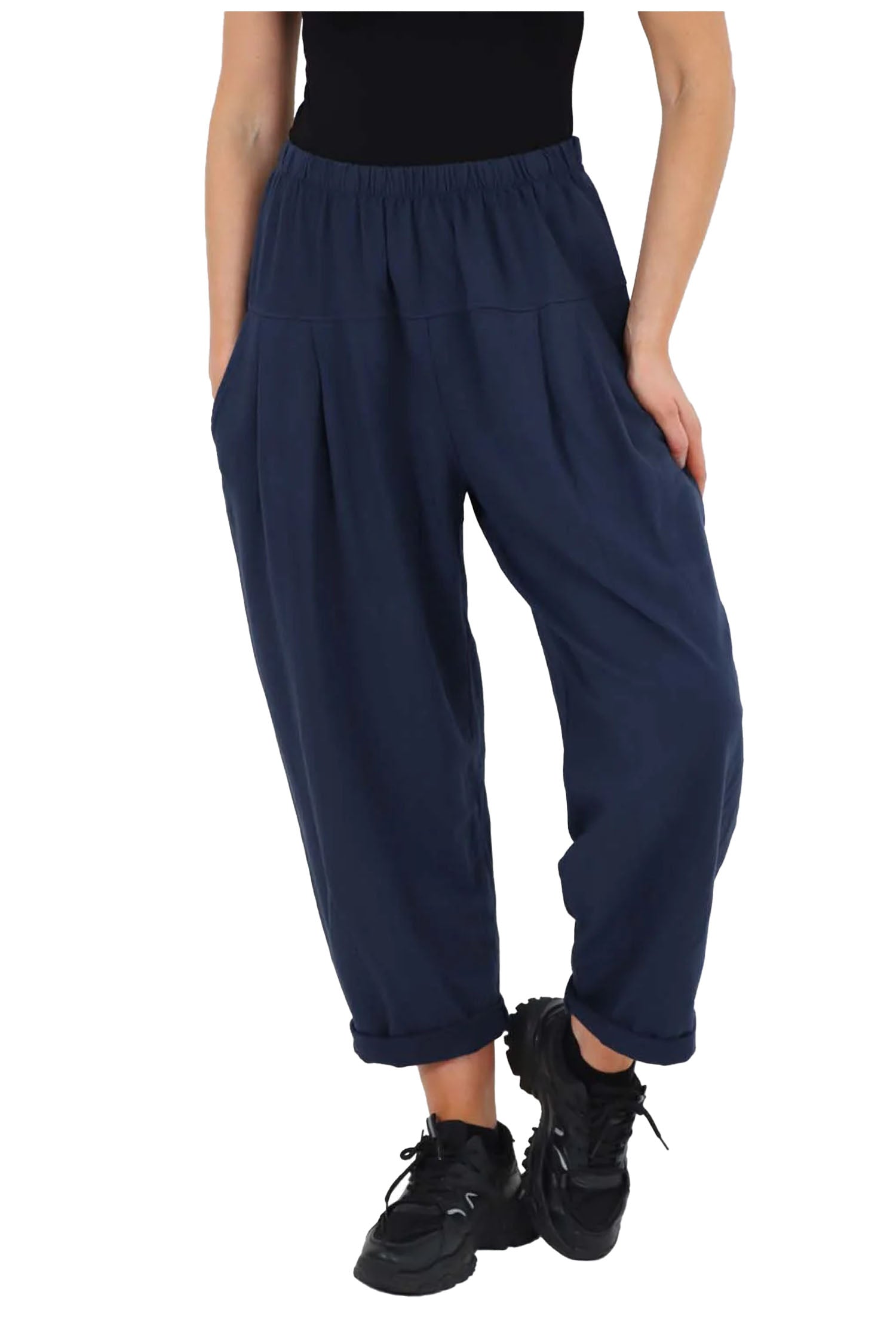 Italian Pleated Cotton Trousers With Side Pockets - Blue