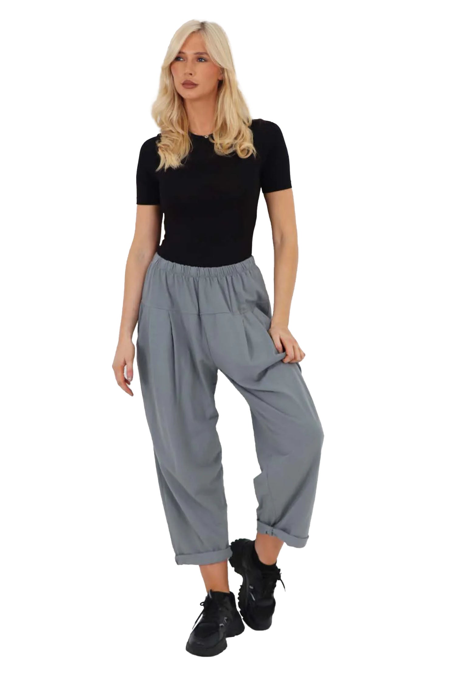 Italian Pleated Cotton Trousers With Side Pockets - Dark Grey