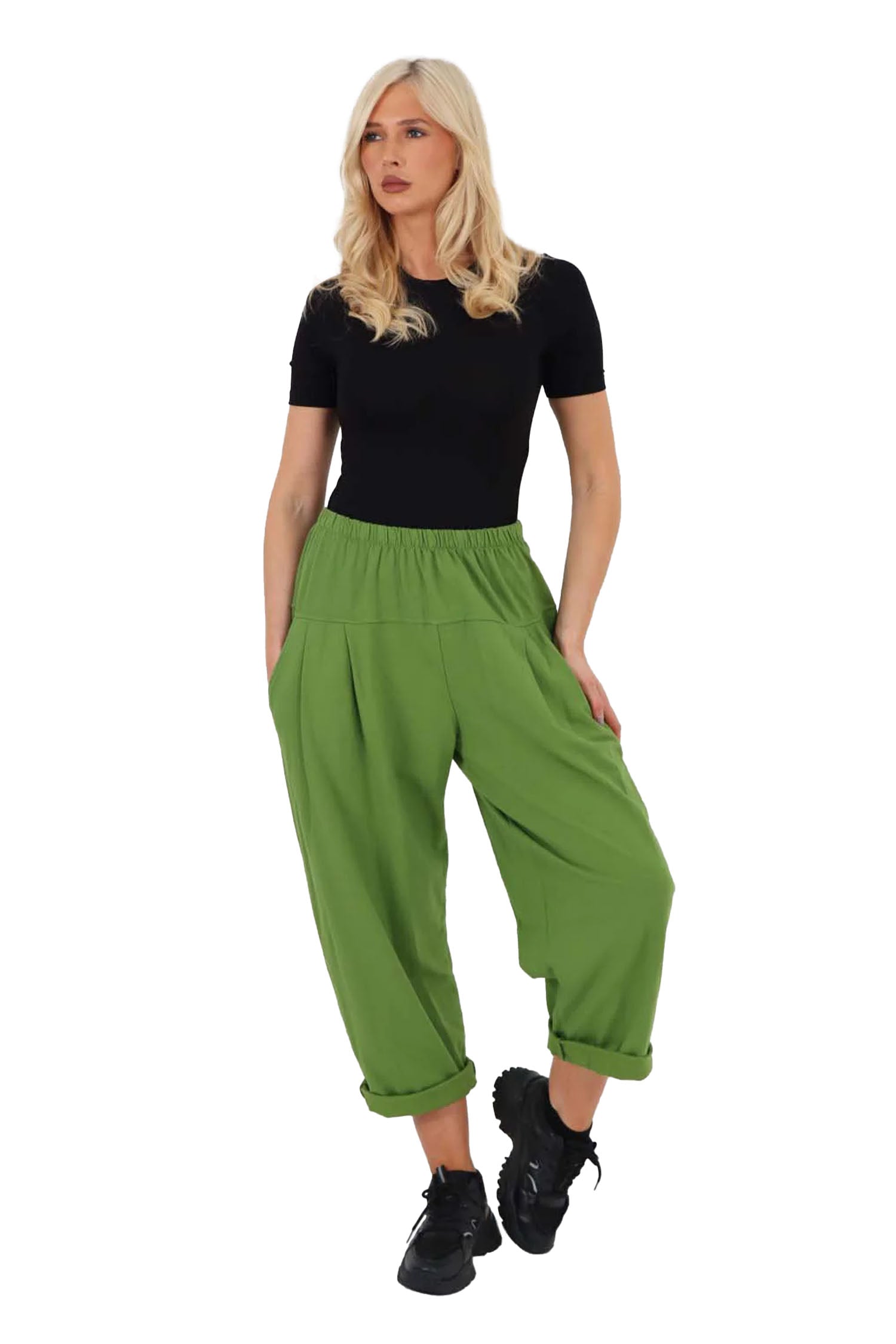 Italian Pleated Cotton Trousers With Side Pockets - Green