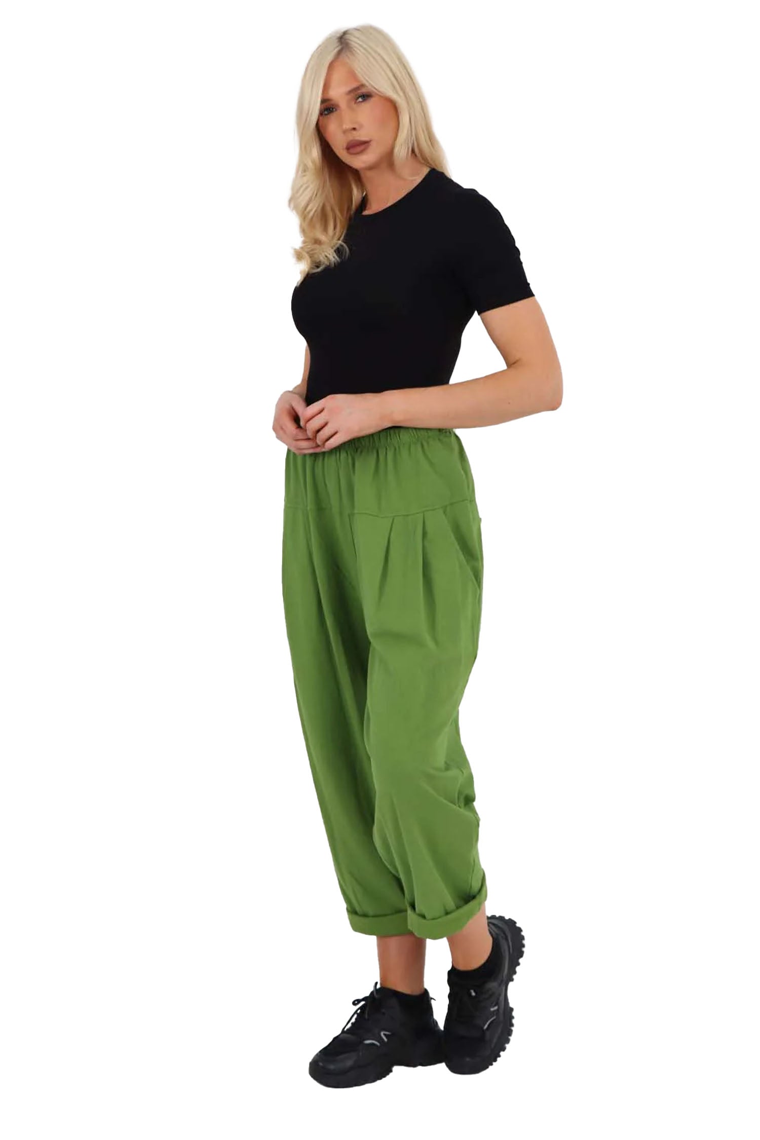 Italian Pleated Cotton Trousers With Side Pockets - Green