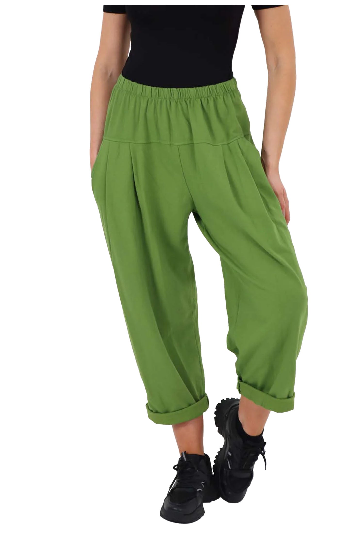 Italian Pleated Cotton Trousers With Side Pockets - Green