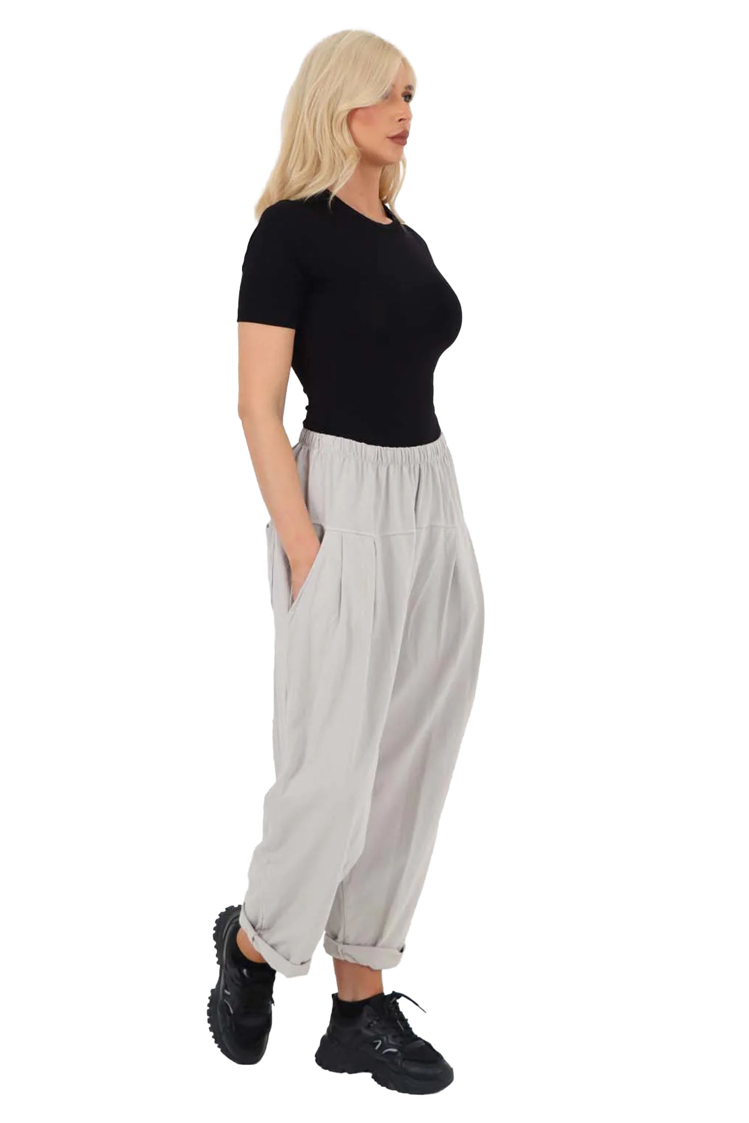 Italian Pleated Cotton Trousers With Side Pockets - Grey