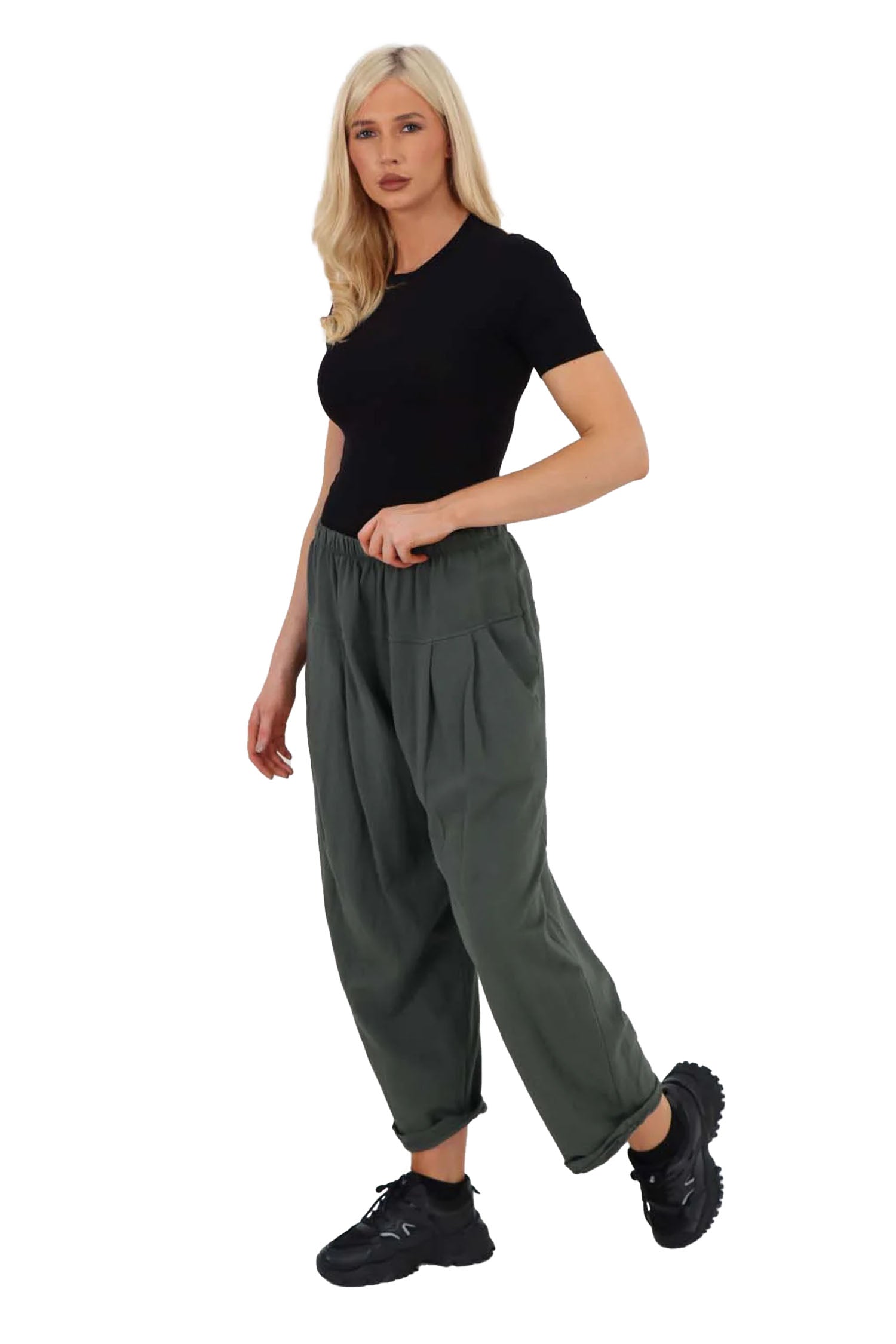 Italian Pleated Cotton Trousers With Side Pockets - Khaki