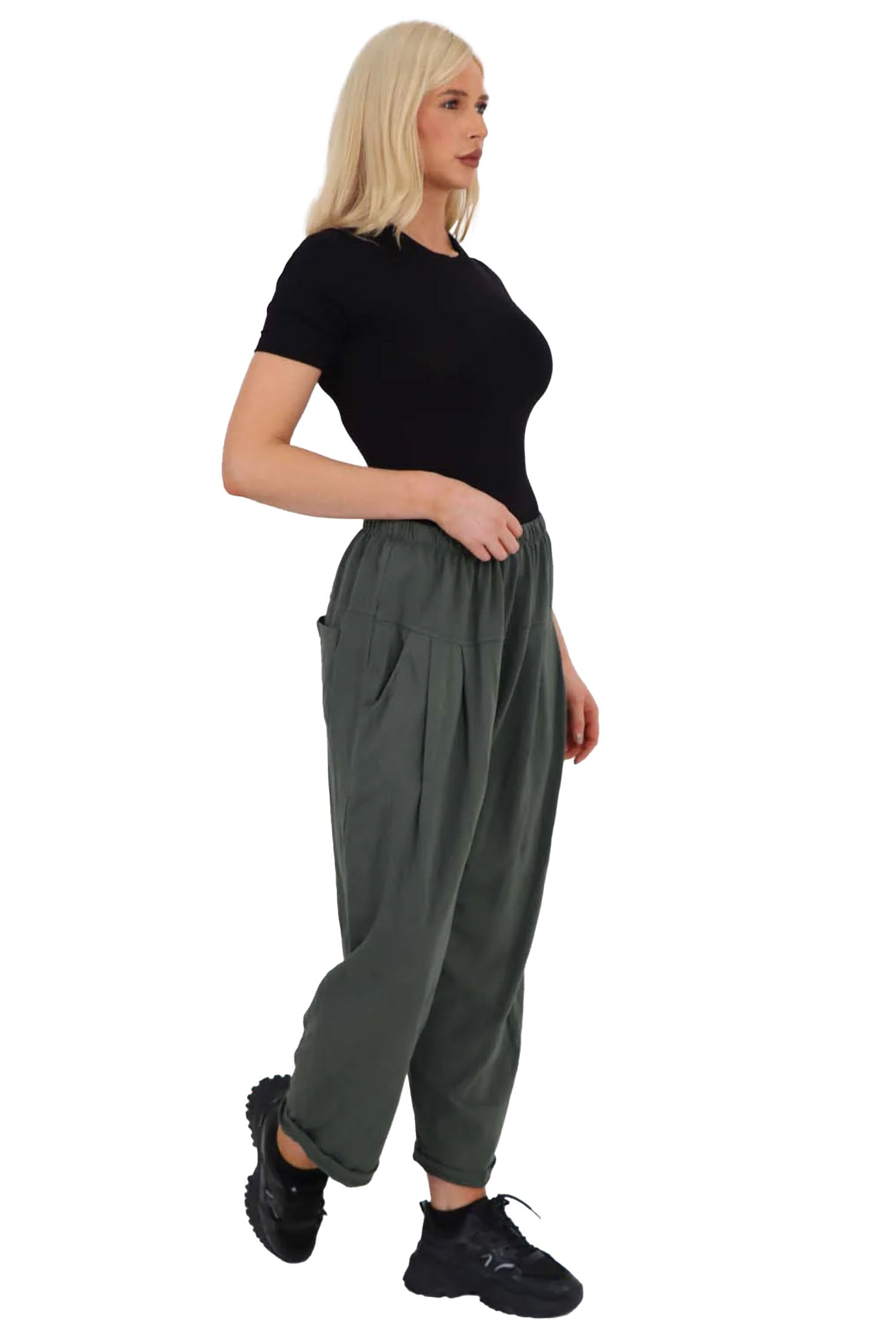 Italian Pleated Cotton Trousers With Side Pockets - Khaki