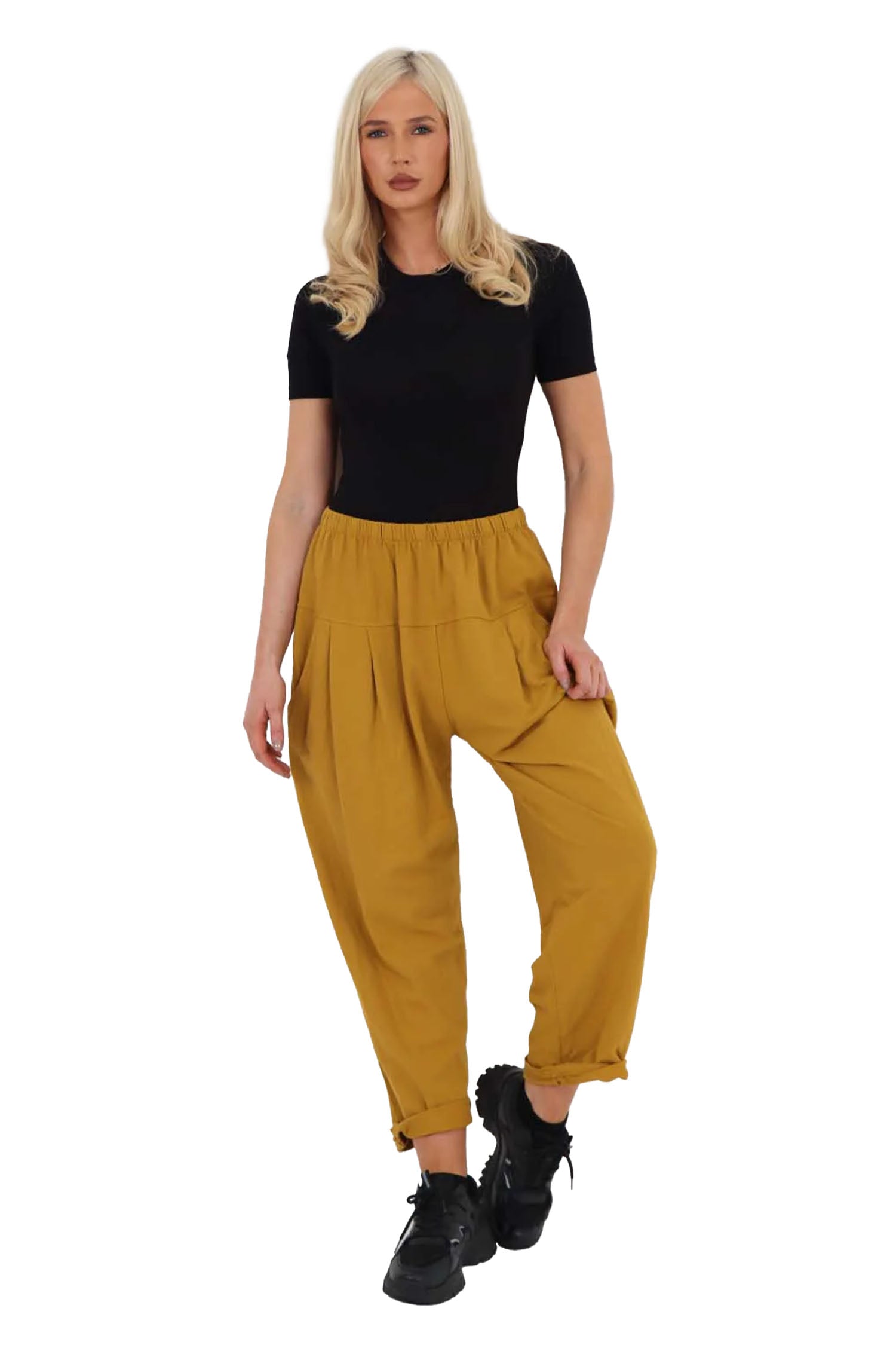 Italian Pleated Cotton Trousers With Side Pockets - Mustard