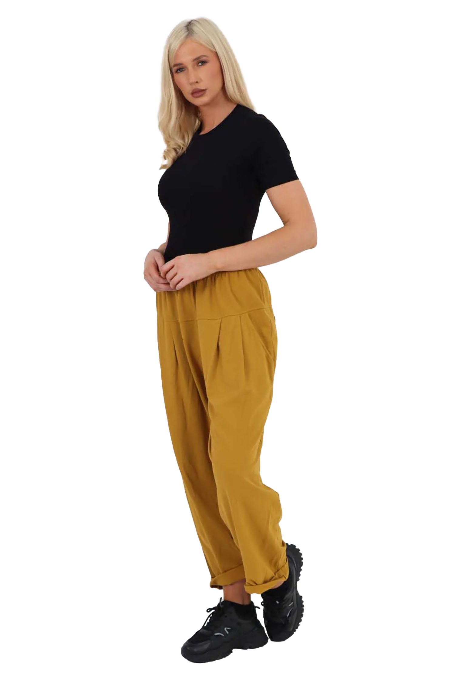 Italian Pleated Cotton Trousers With Side Pockets - Mustard