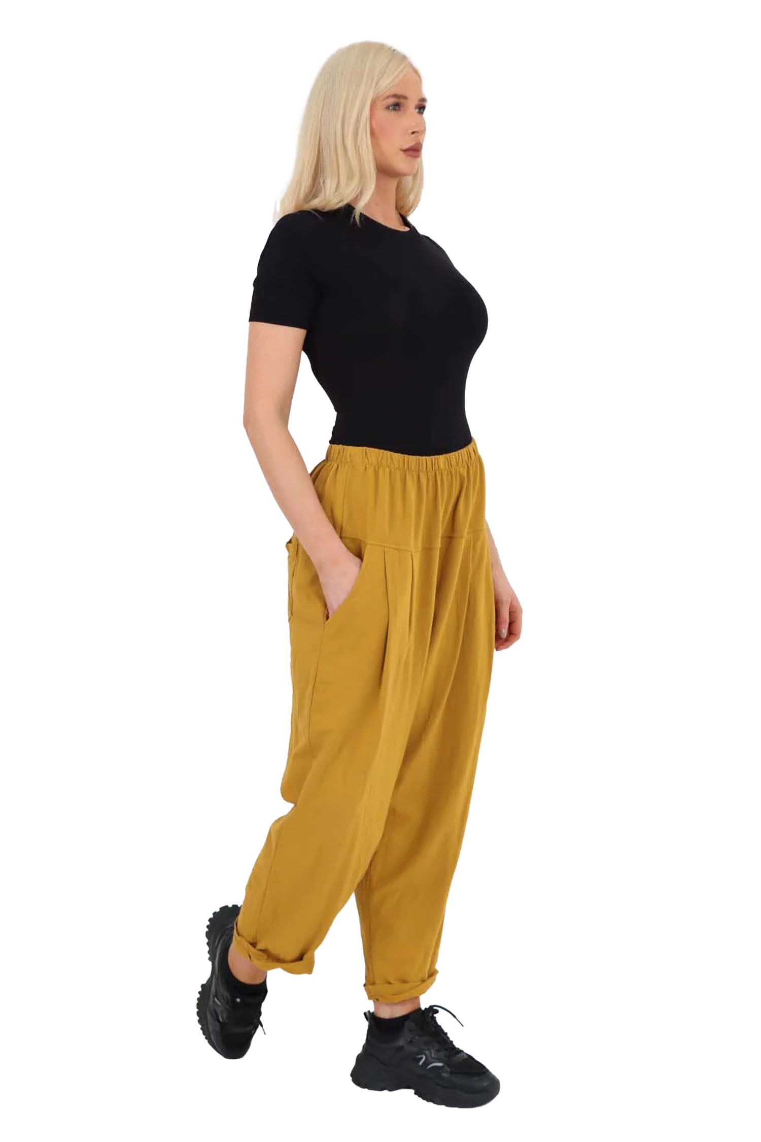 Italian Pleated Cotton Trousers With Side Pockets - Mustard