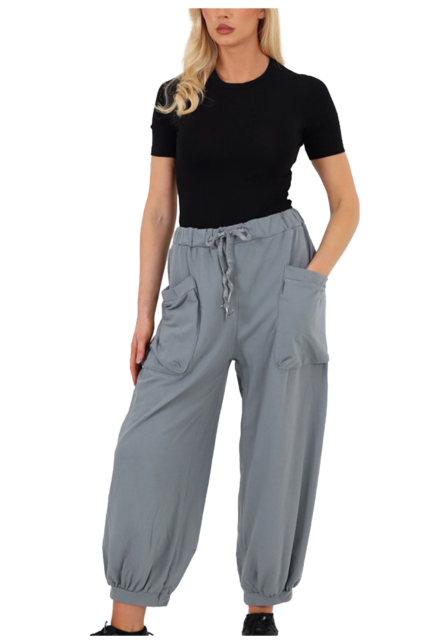 Italian Relaxed Fit Cotton Trousers With Front Pockets - Grey