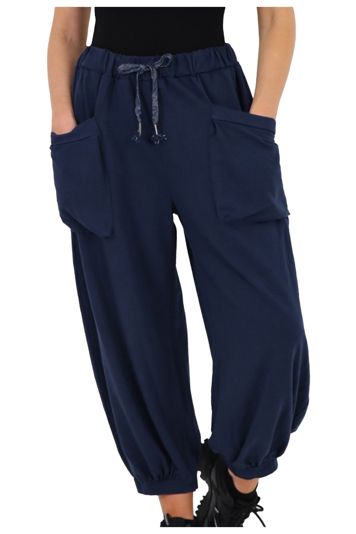 Italian Relaxed Fit Cotton Trousers With Front Pockets - Navy