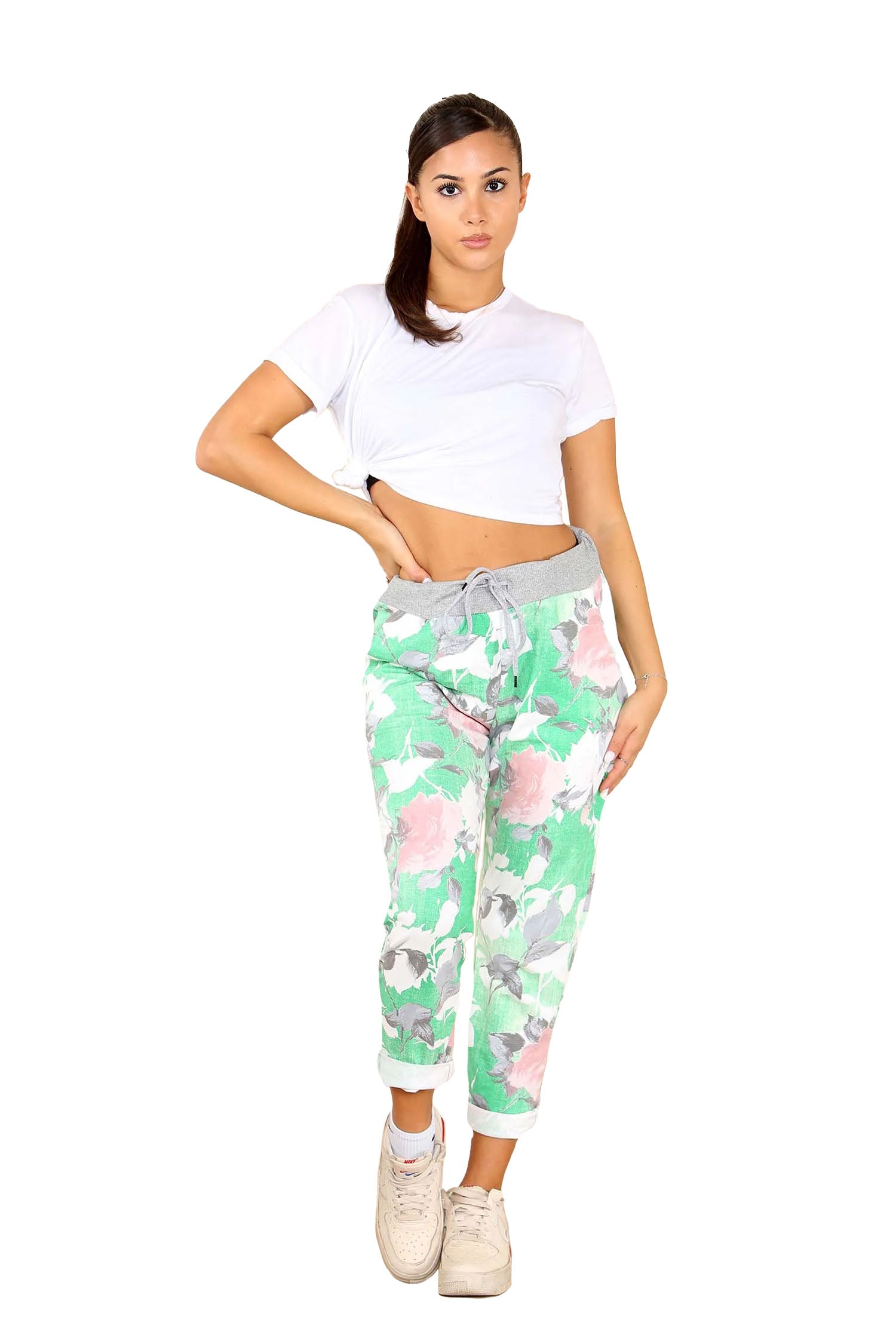 Italian Rose Flower Print Drawstring Cotton Joggers - Lime Green