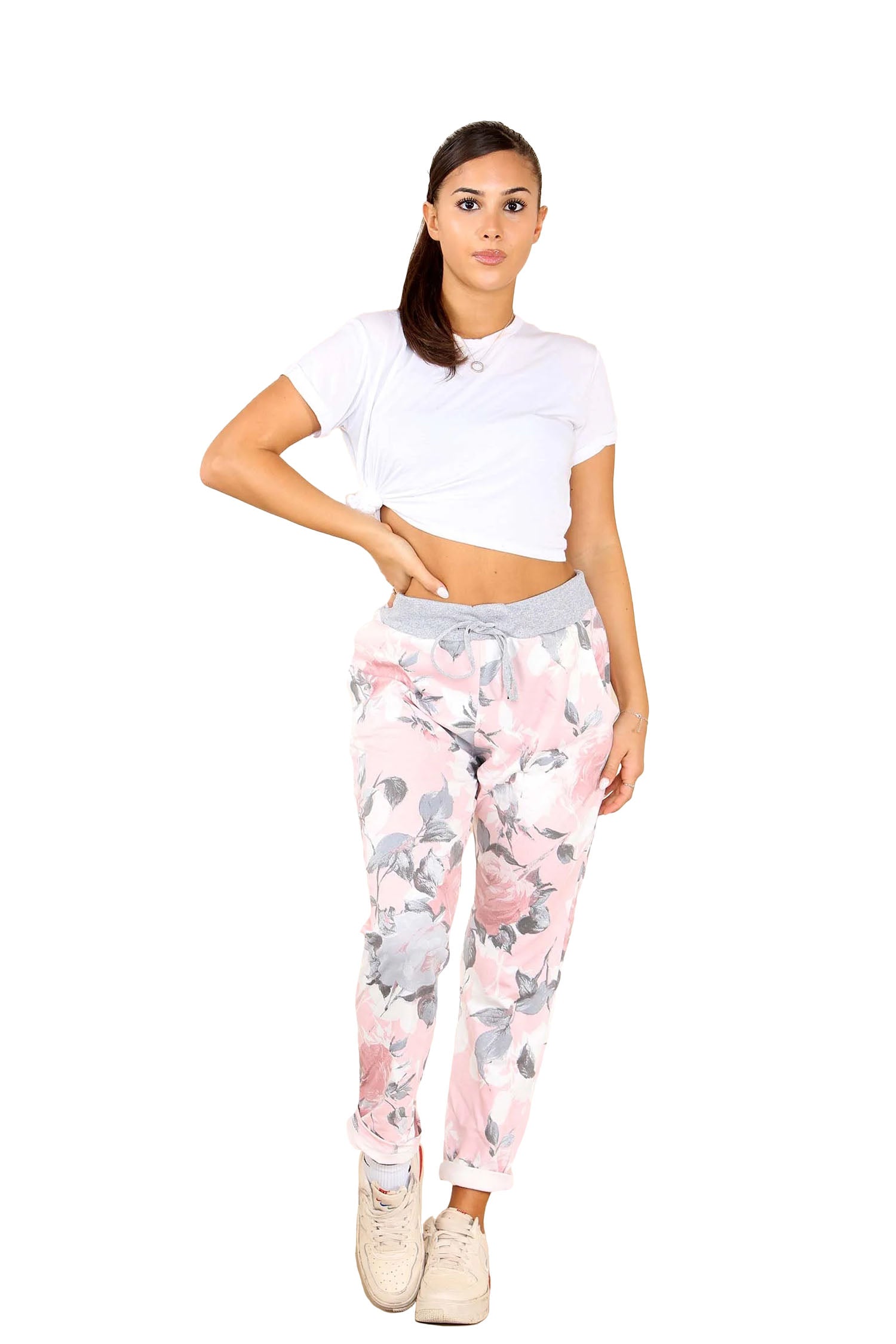 Italian Rose Flower Print Drawstring Cotton Joggers - Pink