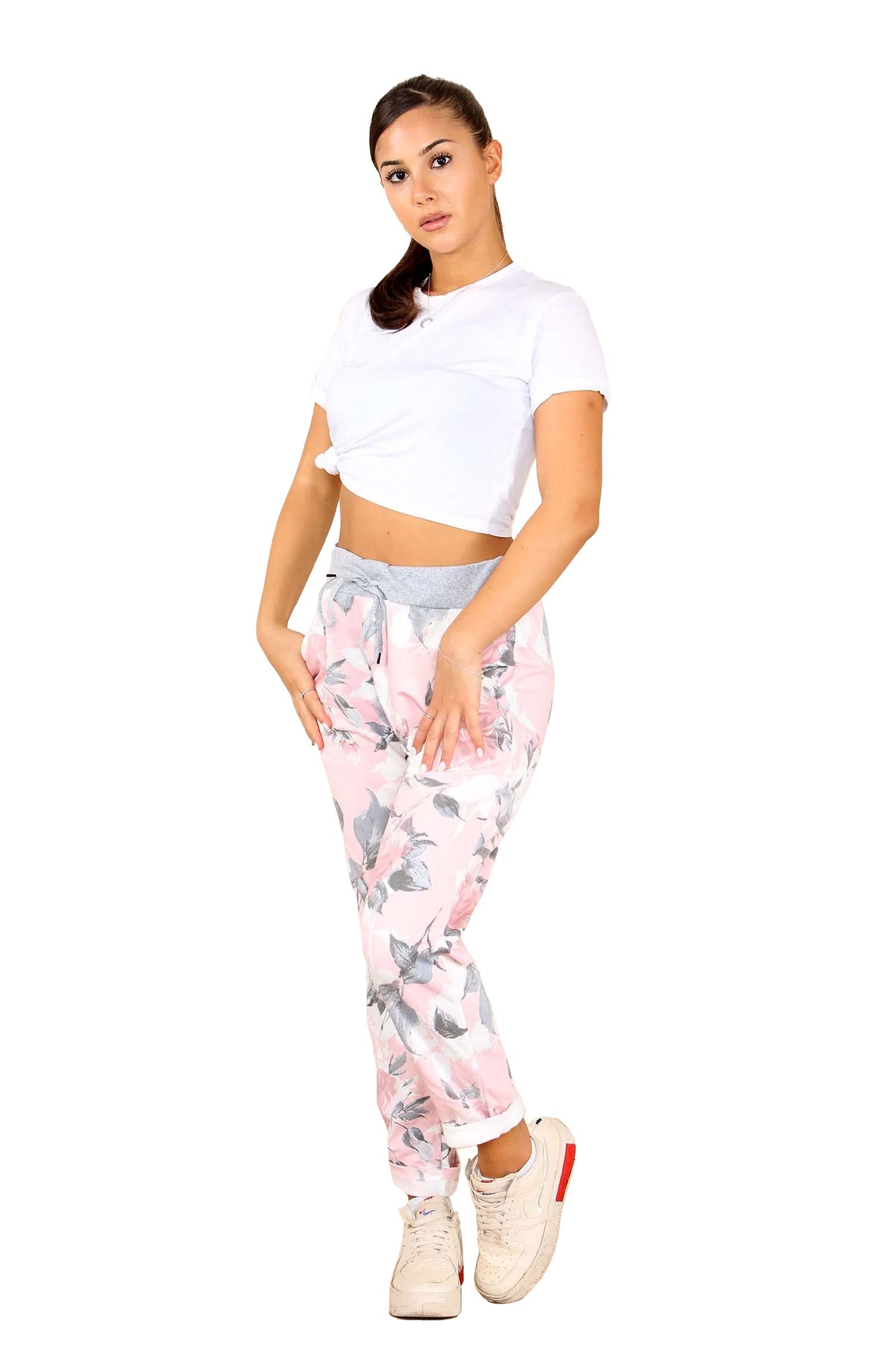 Italian Rose Flower Print Drawstring Cotton Joggers - Pink