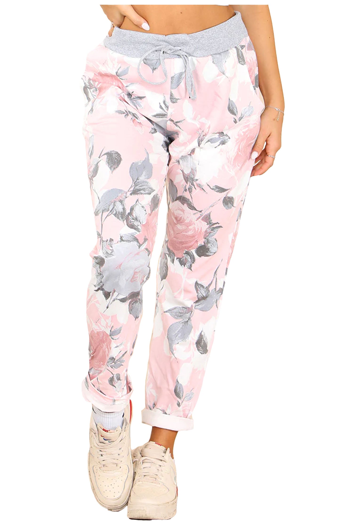 Italian Rose Flower Print Drawstring Cotton Joggers - Pink