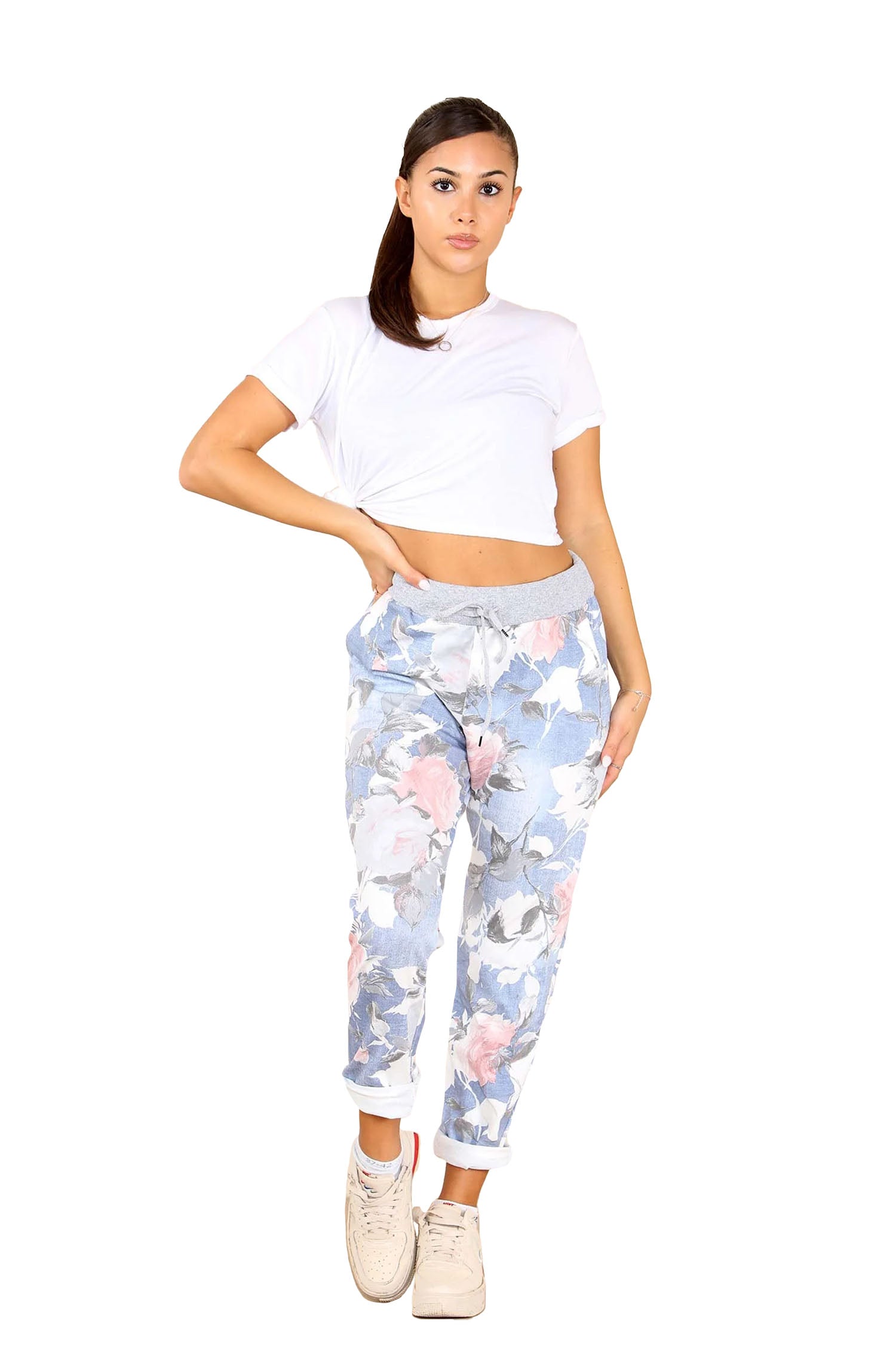 Italian Rose Flower Print Drawstring Cotton Joggers - Sky Blue