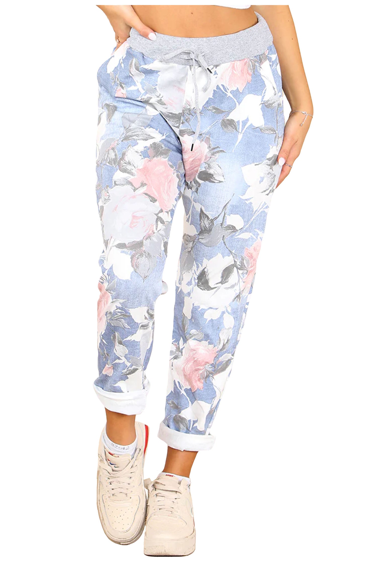 Italian Rose Flower Print Drawstring Cotton Joggers - Sky Blue