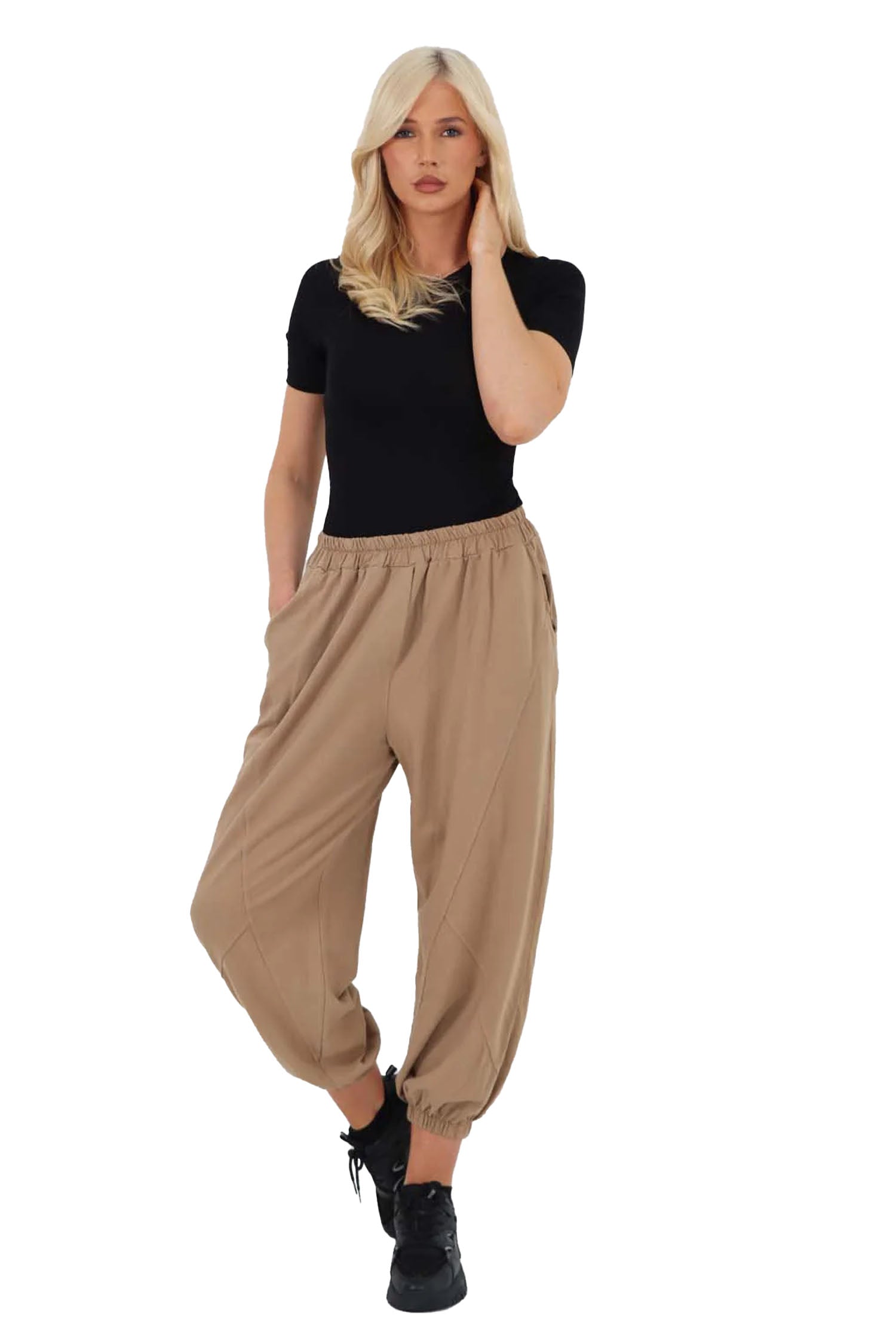 Italian Ruched Hem Cotton Trousers With Side Pockets - Beige