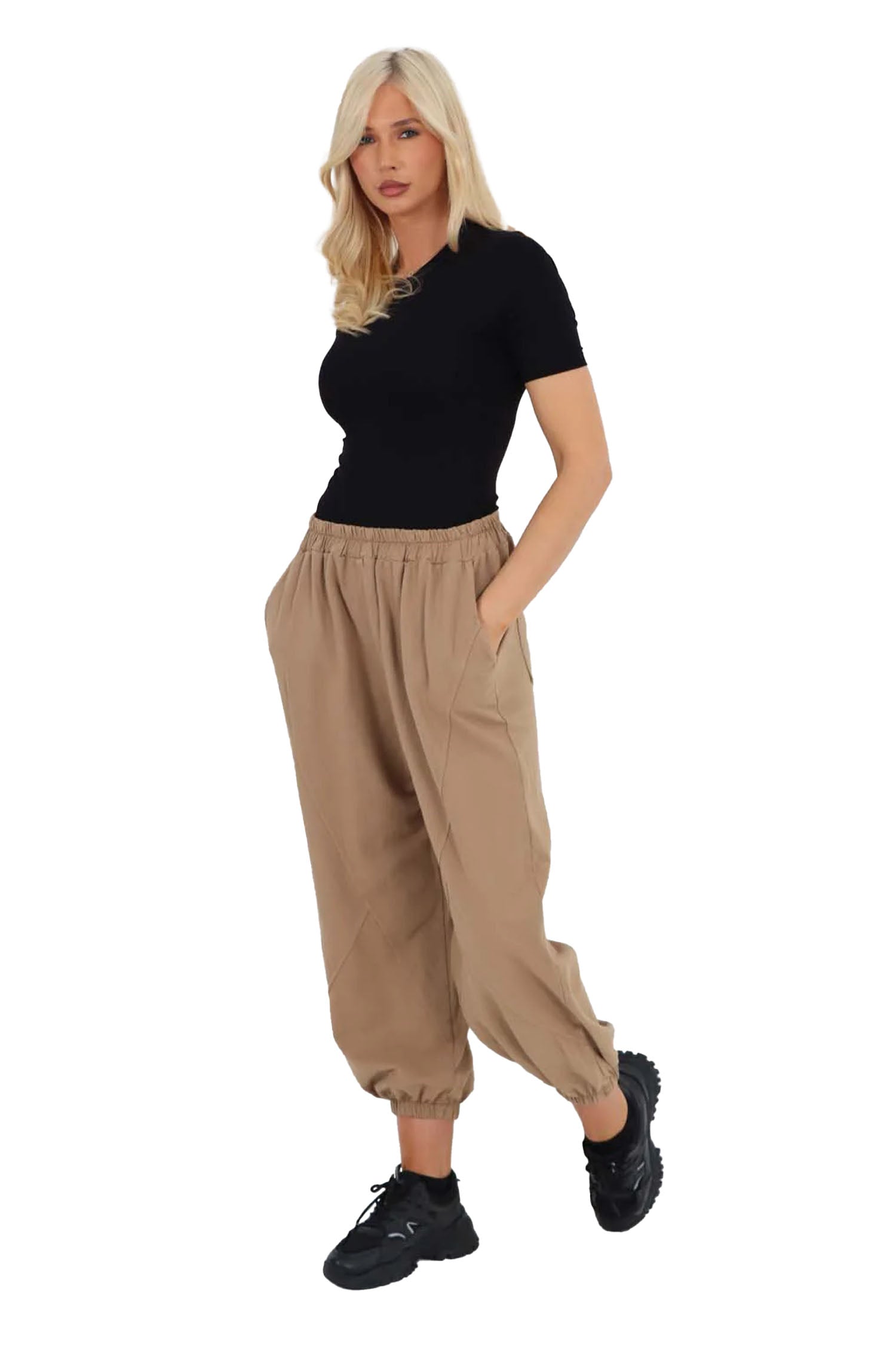 Italian Ruched Hem Cotton Trousers With Side Pockets - Beige