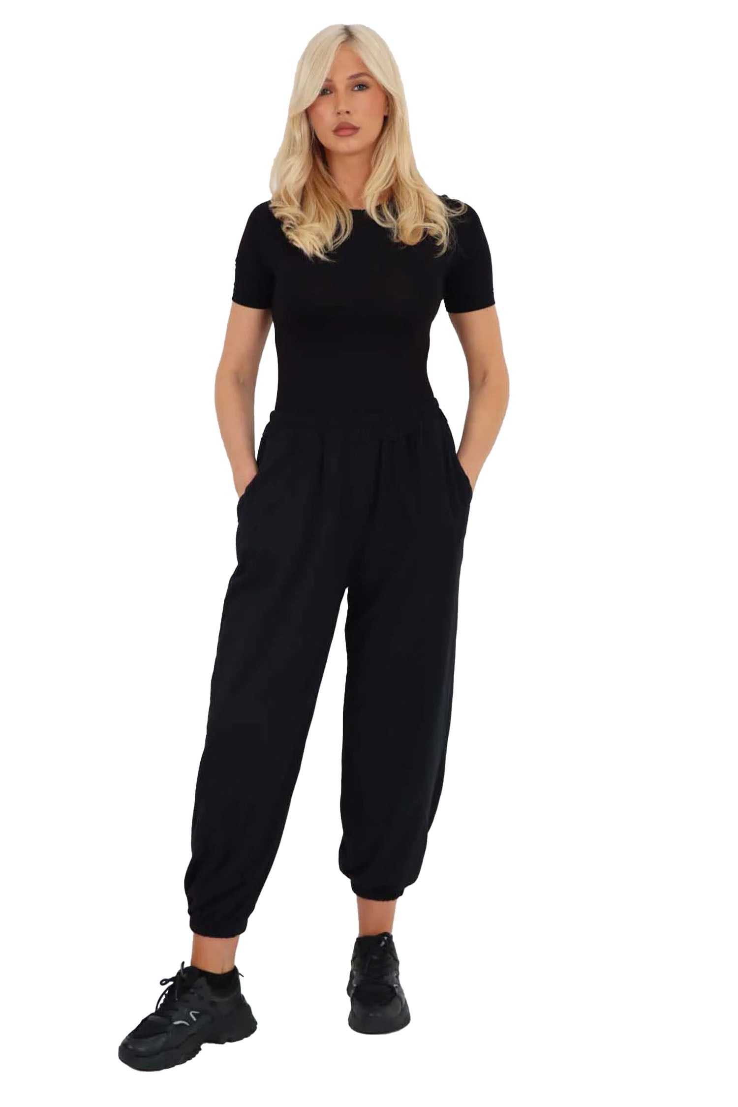 Italian Ruched Hem Cotton Trousers With Side Pockets - Black