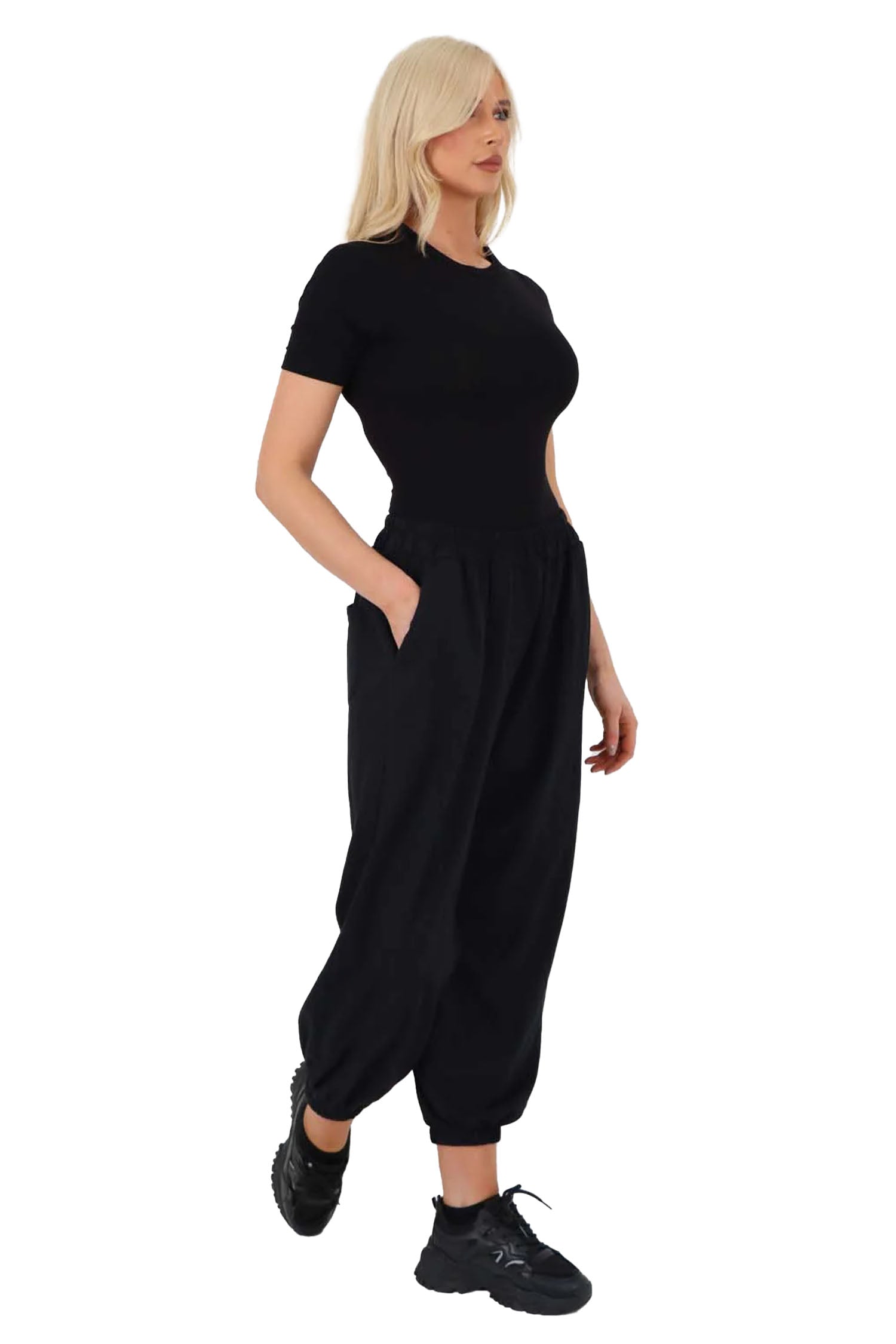 Italian Ruched Hem Cotton Trousers With Side Pockets - Black