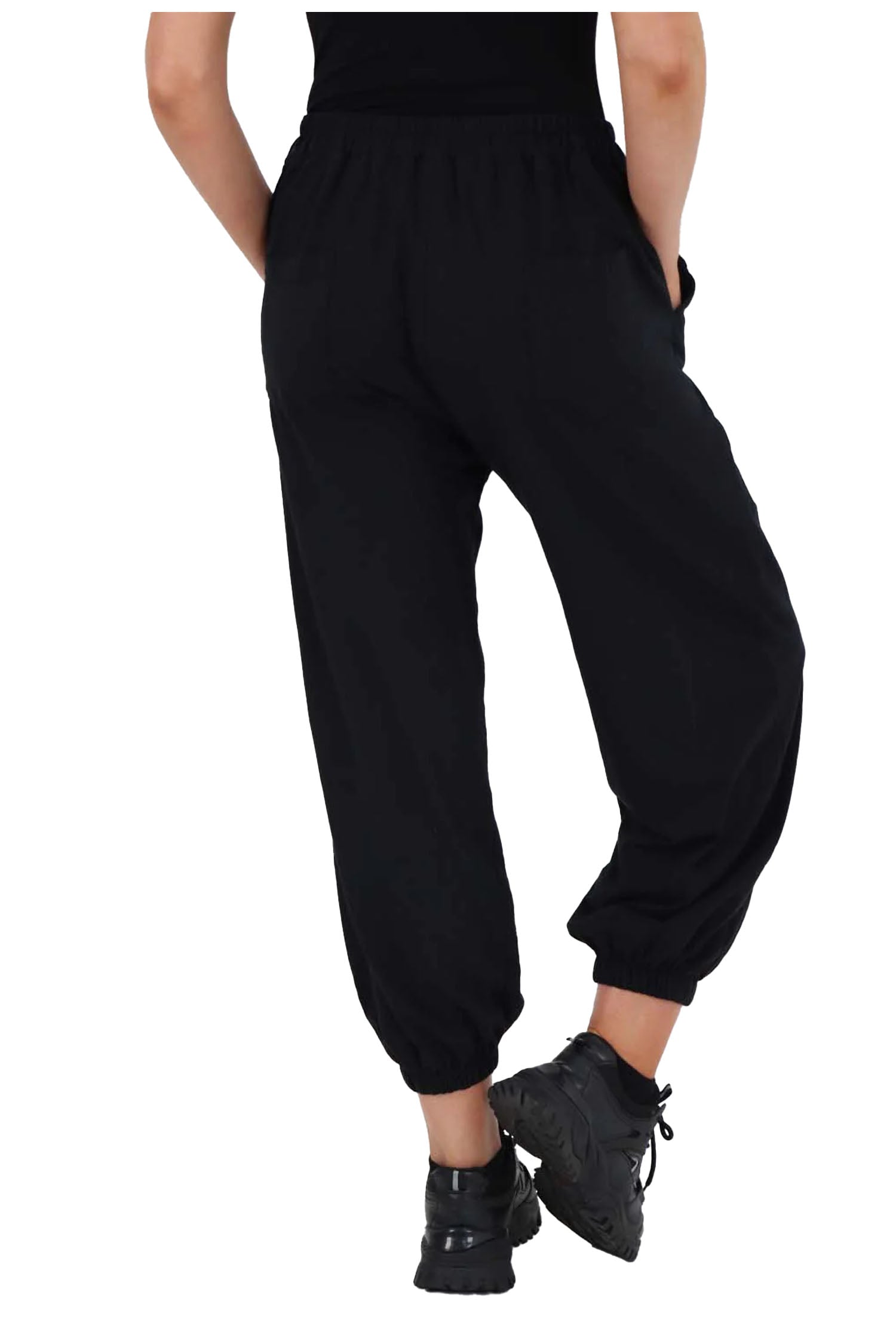 Italian Ruched Hem Cotton Trousers With Side Pockets - Black