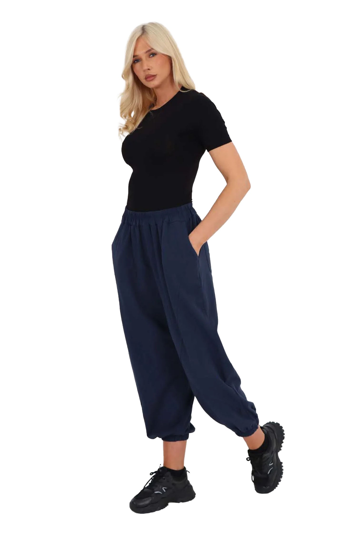 Italian Ruched Hem Cotton Trousers With Side Pockets - Blue