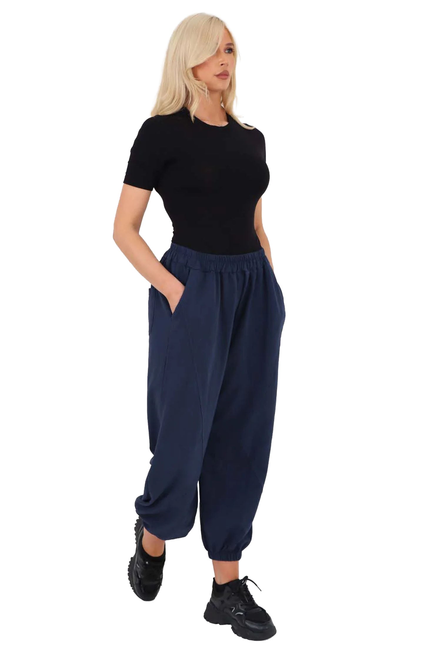 Italian Ruched Hem Cotton Trousers With Side Pockets - Blue