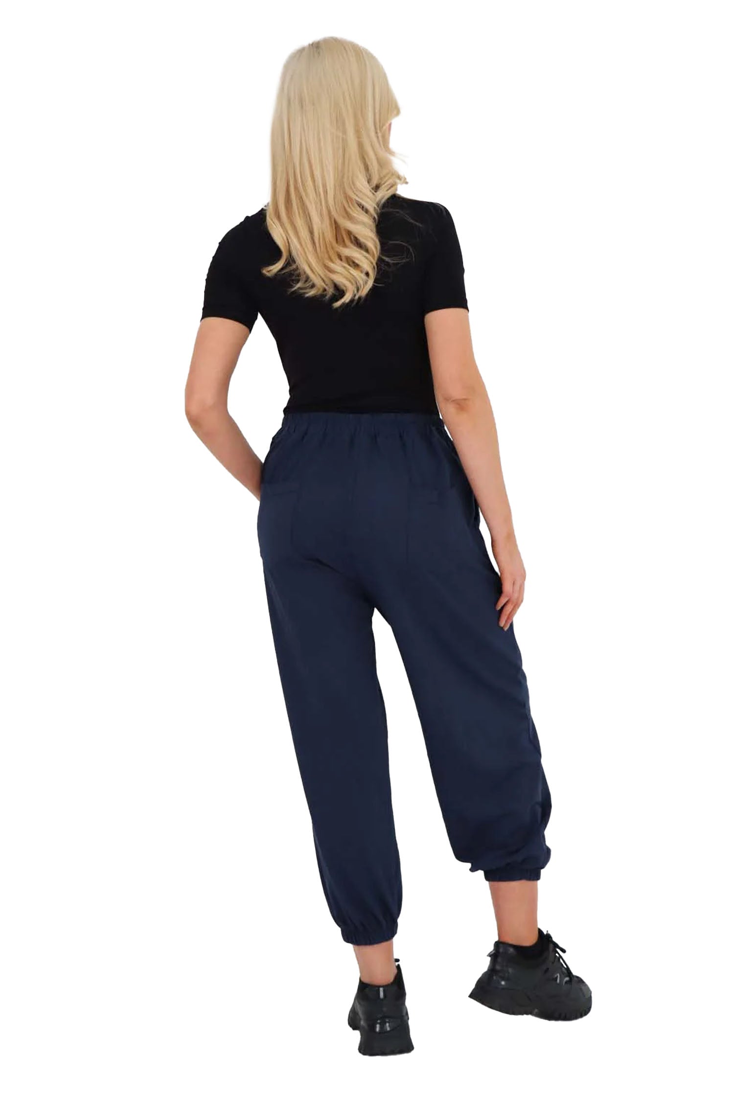 Italian Ruched Hem Cotton Trousers With Side Pockets - Blue