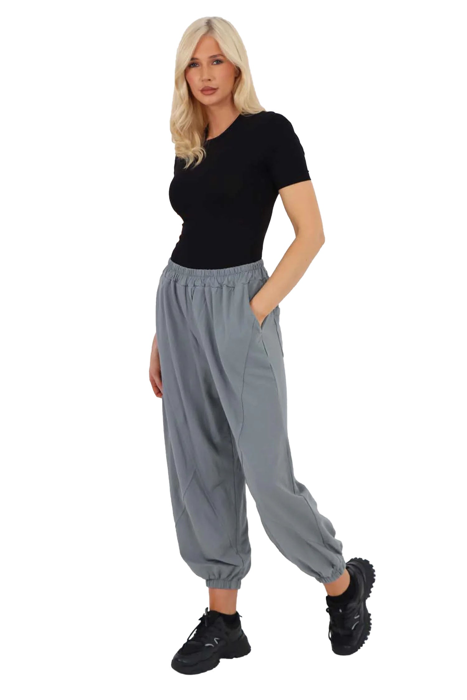 Italian Ruched Hem Cotton Trousers With Side Pockets - Dark Grey