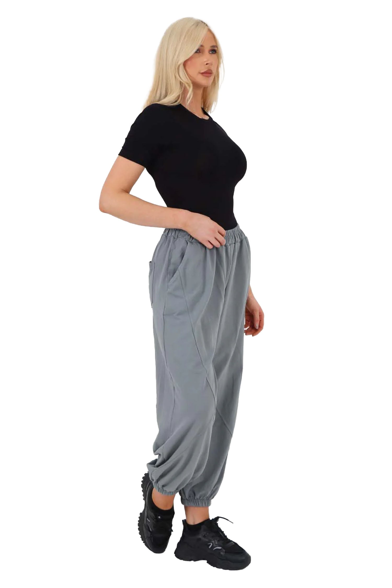 Italian Ruched Hem Cotton Trousers With Side Pockets - Dark Grey